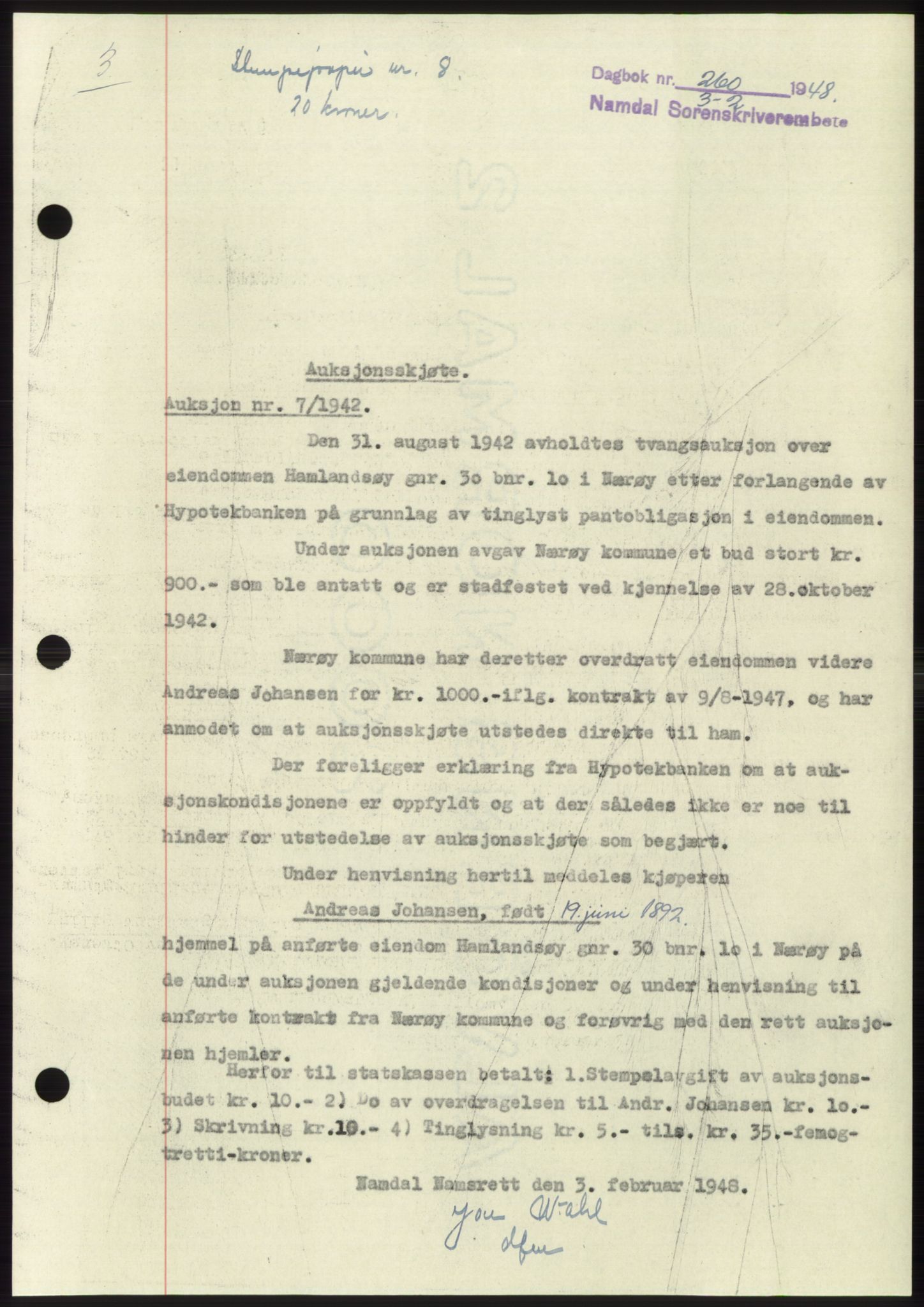 Namdal sorenskriveri, SAT/A-4133/1/2/2C: Pantebok nr. -, 1947-1948, Dagboknr: 260/1948