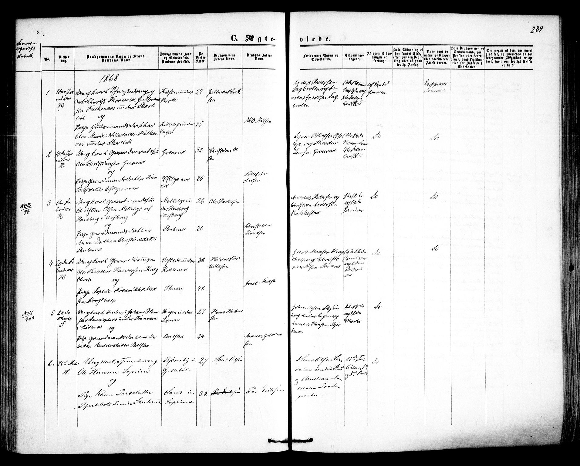Høland prestekontor Kirkebøker, SAO/A-10346a/F/Fa/L0011: Ministerialbok nr. I 11, 1862-1869, s. 284