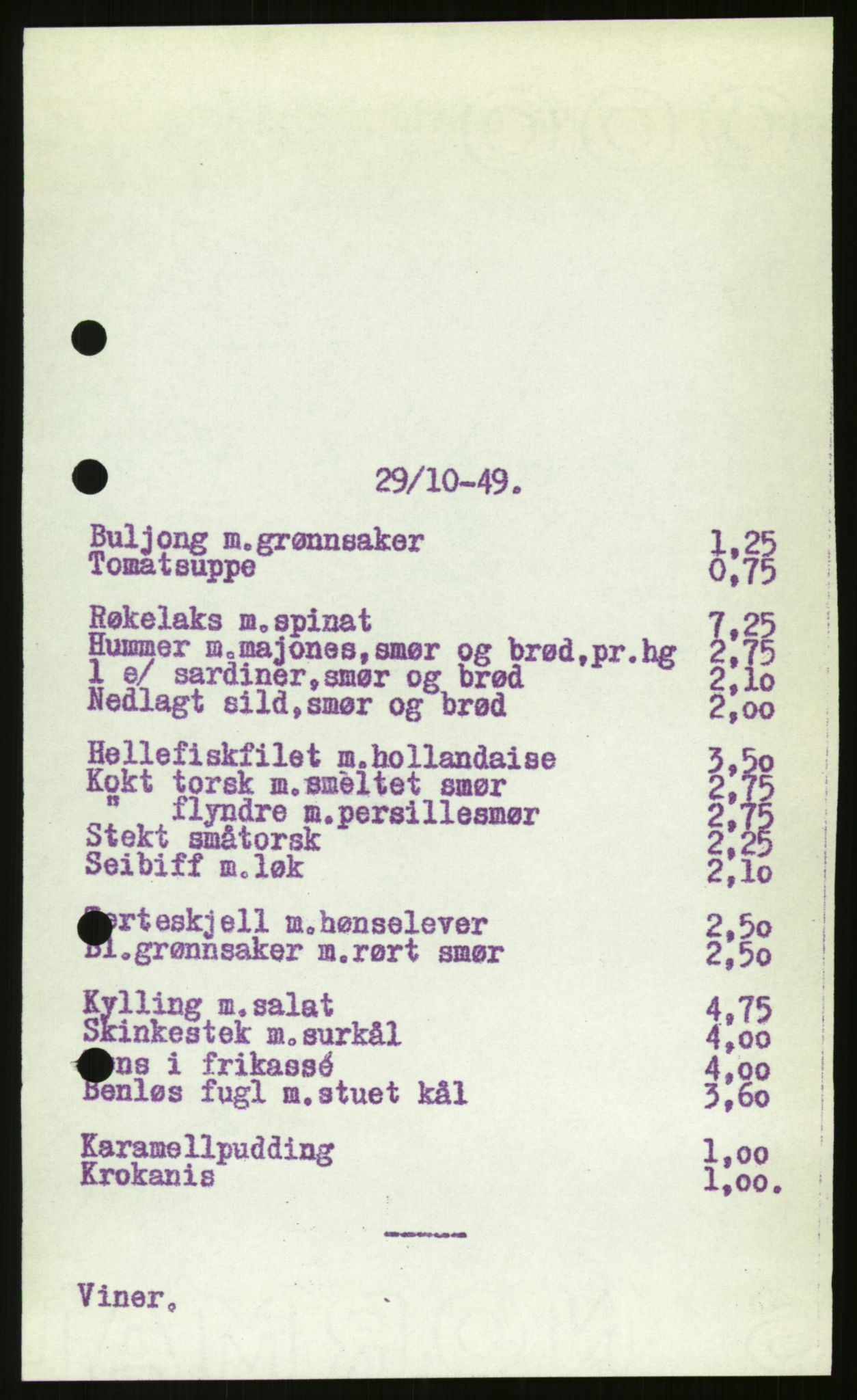 Norsk Spisevognselskap A/S, AV/RA-PA-1528/F/Fc/L0001/0003: -- / Meny, 1949