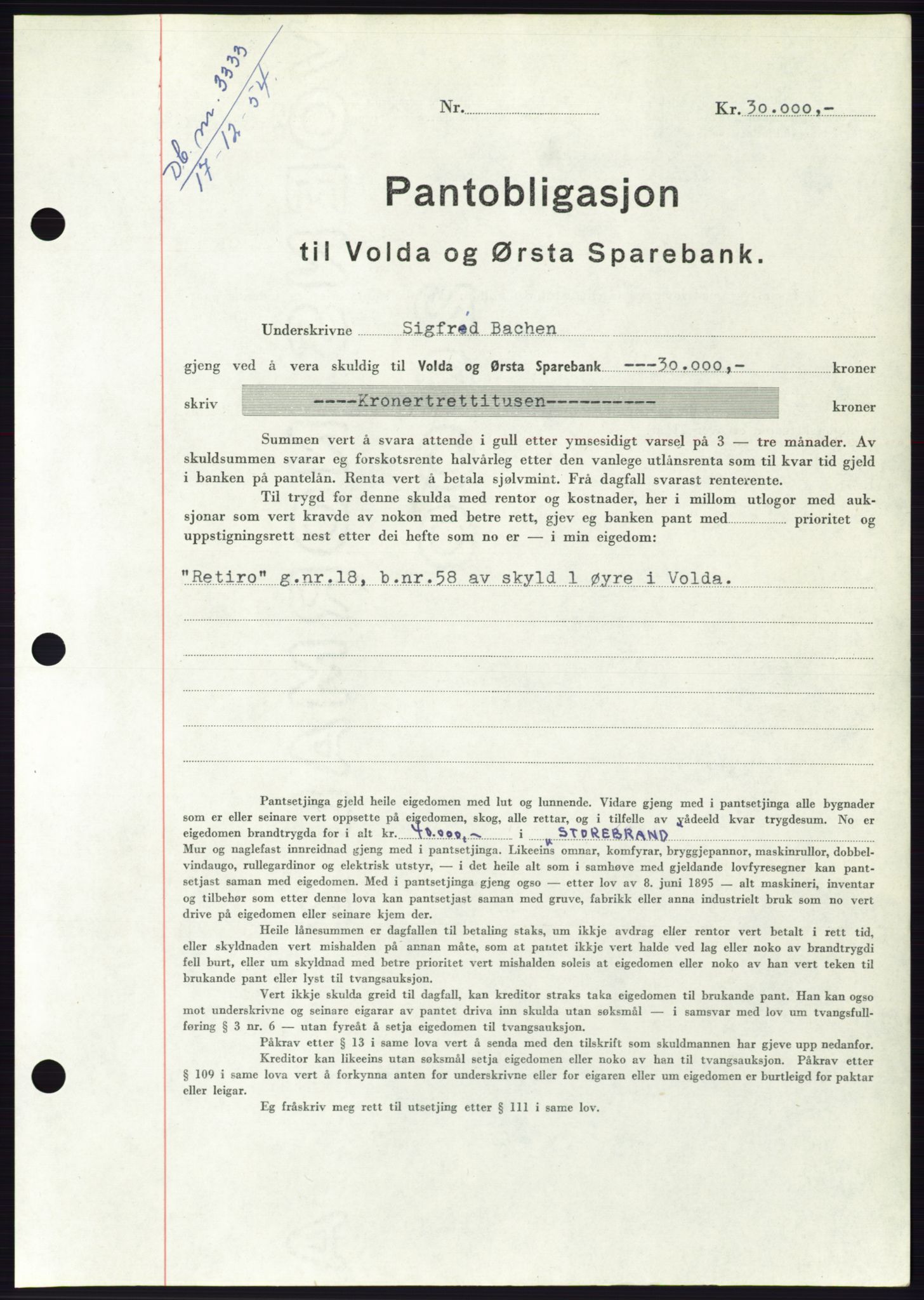 Søre Sunnmøre sorenskriveri, AV/SAT-A-4122/1/2/2C/L0126: Pantebok nr. 14B, 1954-1955, Dagboknr: 3333/1954