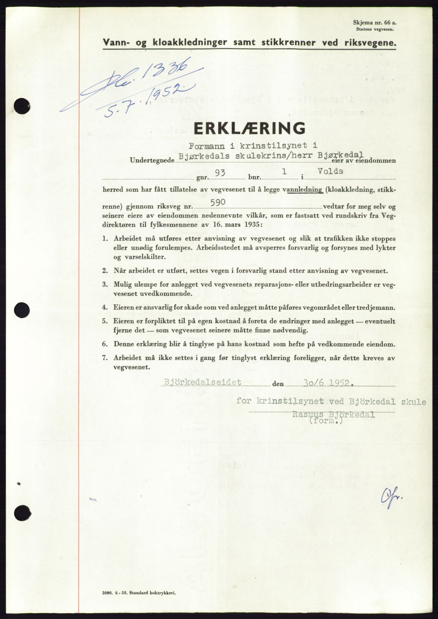 Søre Sunnmøre sorenskriveri, AV/SAT-A-4122/1/2/2C/L0092: Pantebok nr. 18A, 1952-1952, Dagboknr: 1336/1952