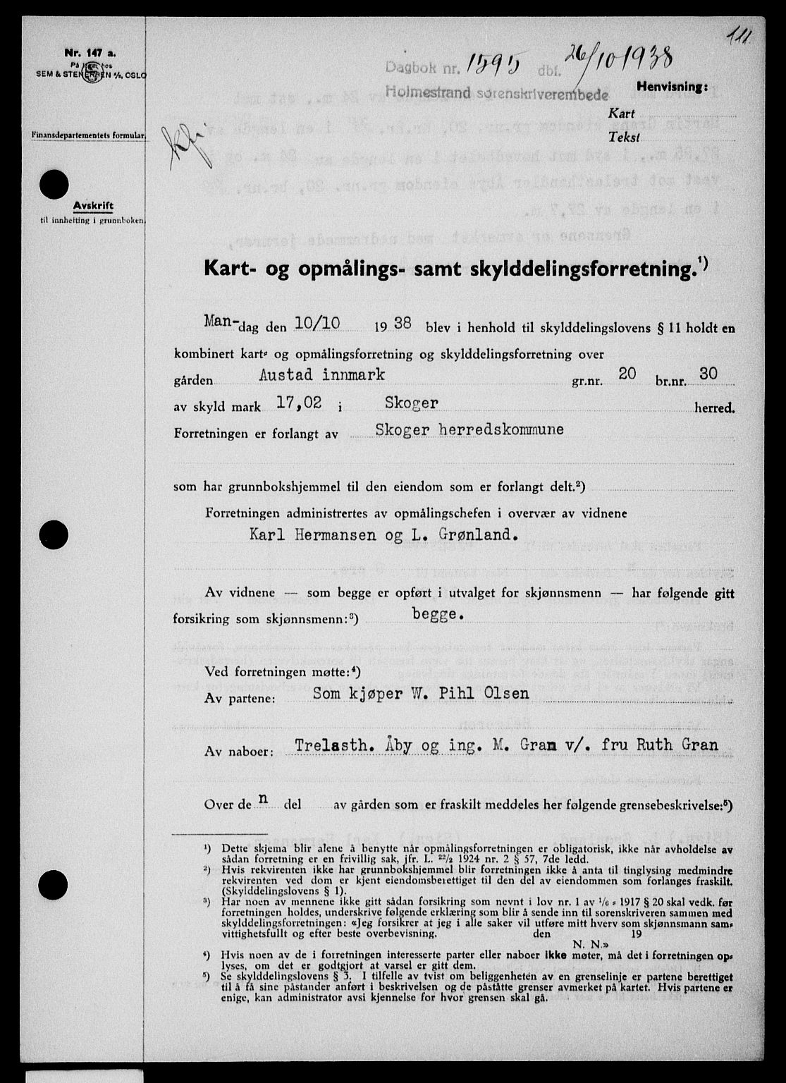 Holmestrand sorenskriveri, SAKO/A-67/G/Ga/Gaa/L0050: Pantebok nr. A-50, 1938-1939, Dagboknr: 1595/1938