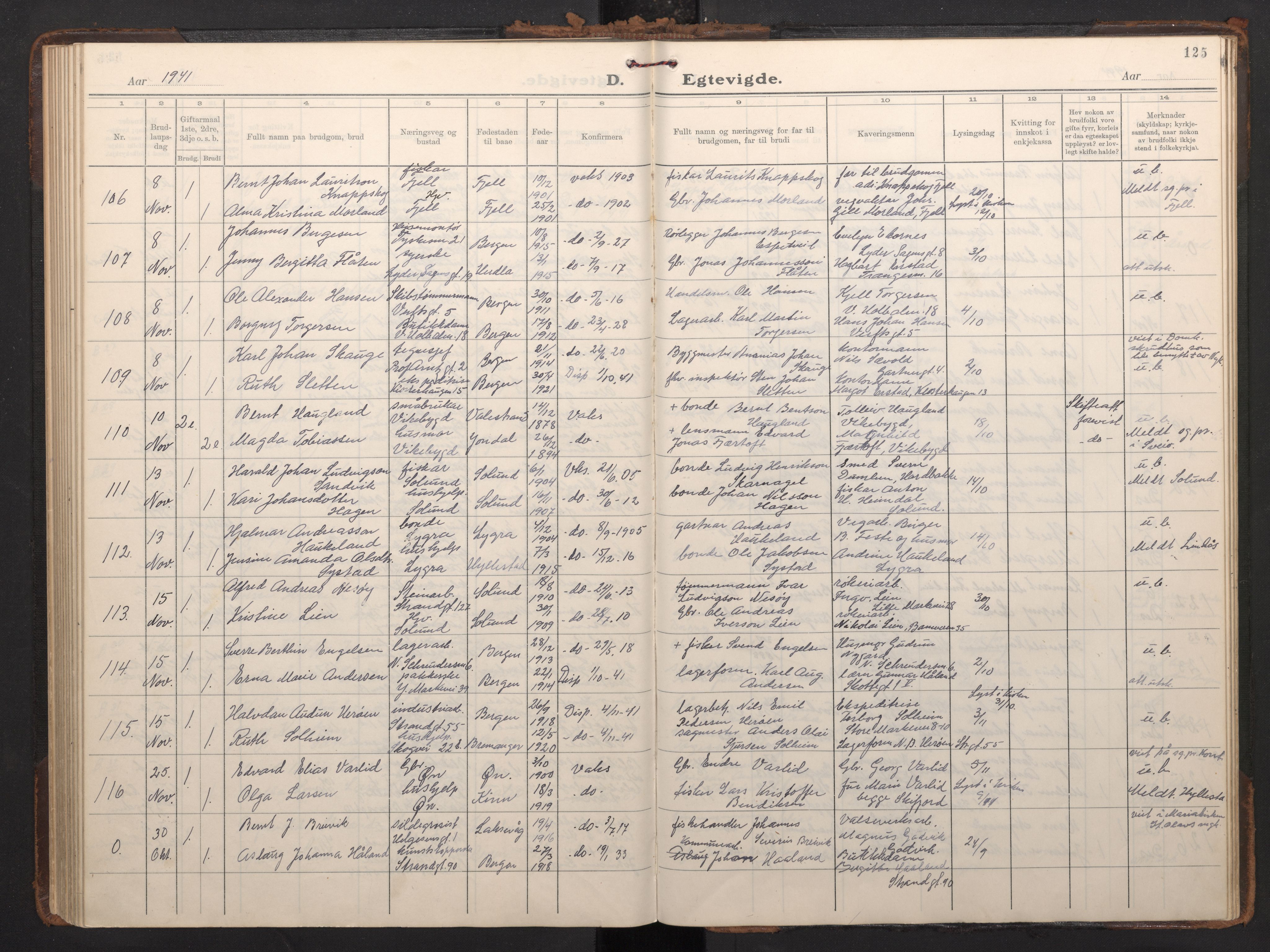 Nykirken Sokneprestembete, AV/SAB-A-77101/H/Haa/L0039: Ministerialbok nr. D 9, 1935-1946, s. 124b-125a