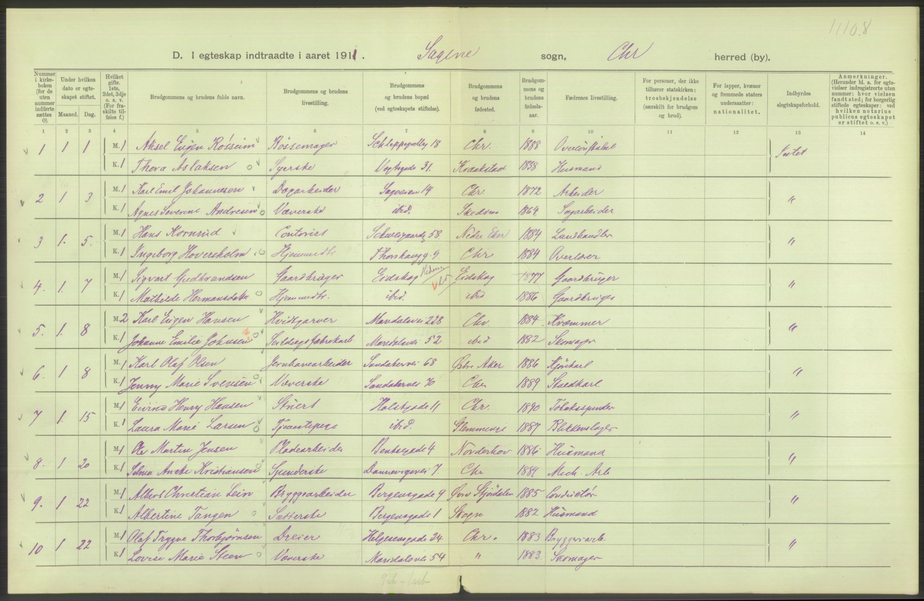 Statistisk sentralbyrå, Sosiodemografiske emner, Befolkning, AV/RA-S-2228/D/Df/Dfb/Dfba/L0008: Kristiania: Gifte, 1911, s. 674