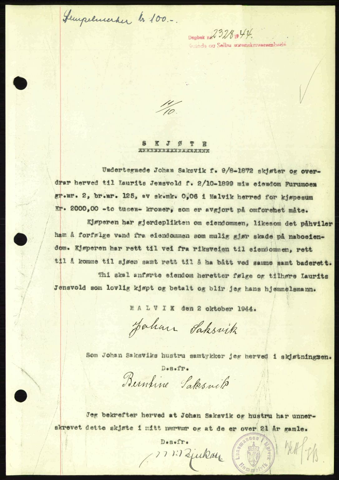 Strinda og Selbu sorenskriveri, SAT/A-0015/2/2C: Pantebok nr. A9, 1944-1945, Dagboknr: 2328/1944