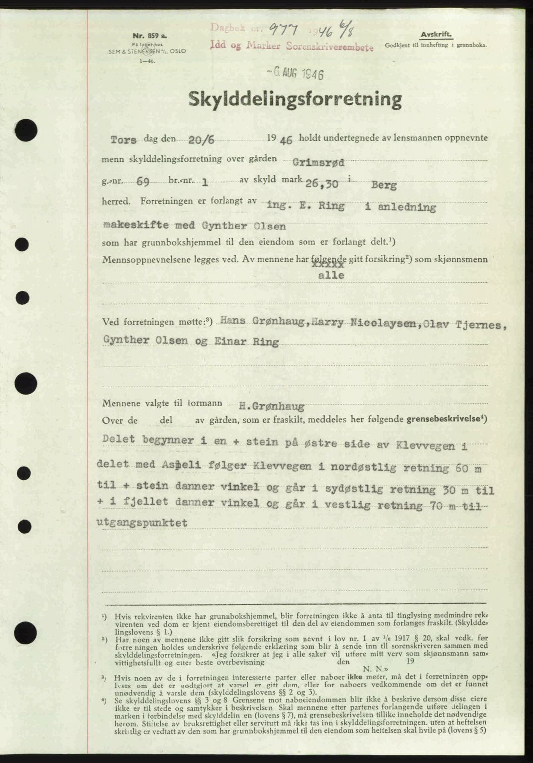 Idd og Marker sorenskriveri, SAO/A-10283/G/Gb/Gbb/L0008: Pantebok nr. A8, 1946-1946, Dagboknr: 977/1946