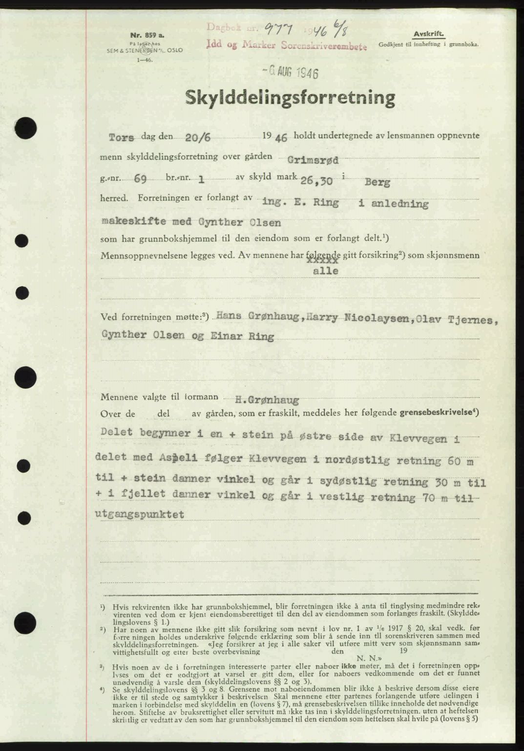 Idd og Marker sorenskriveri, AV/SAO-A-10283/G/Gb/Gbb/L0008: Pantebok nr. A8, 1946-1946, Dagboknr: 977/1946