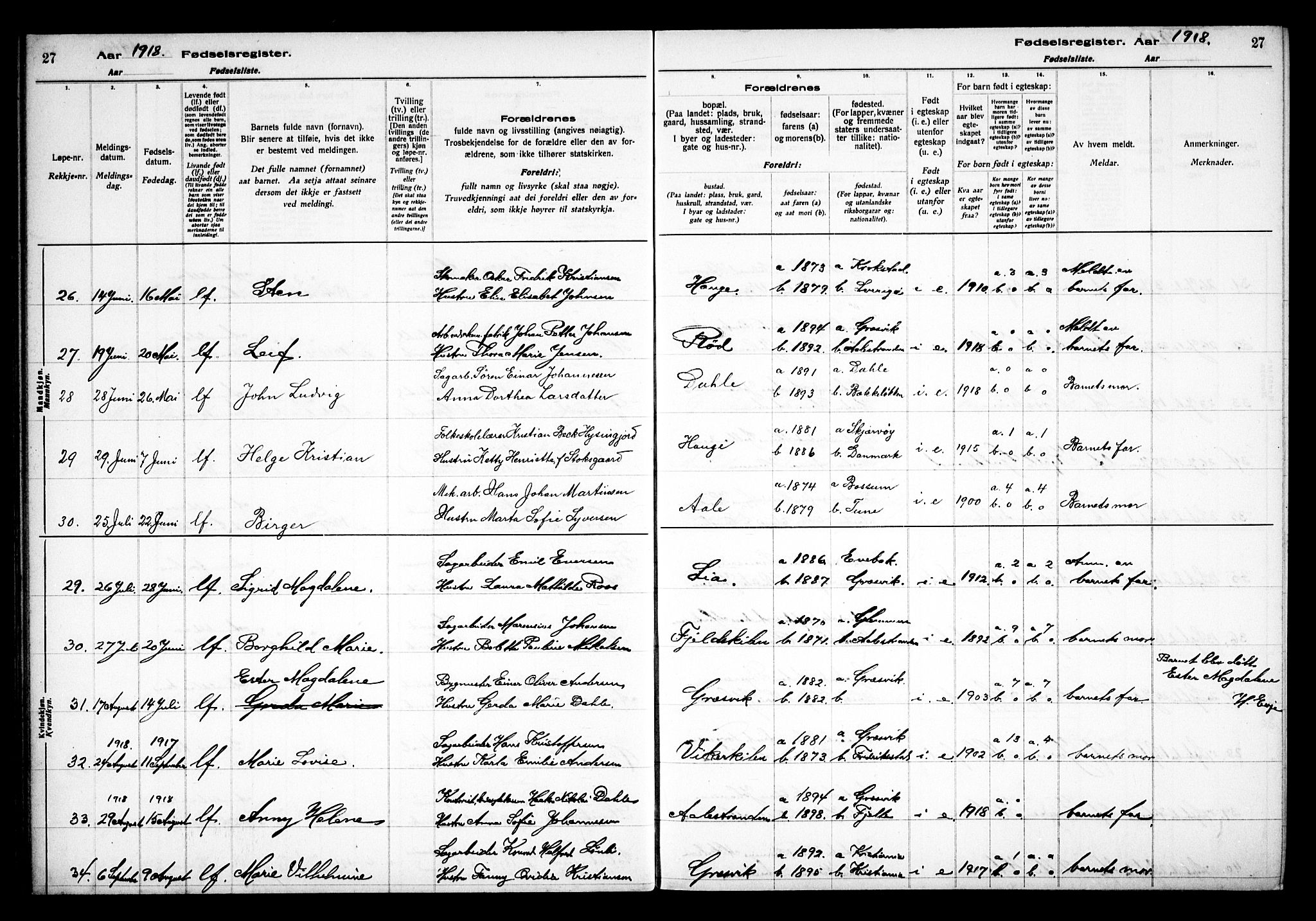 Onsøy prestekontor Kirkebøker, AV/SAO-A-10914/J/Jb/L0001: Fødselsregister nr. II 1, 1916-1938, s. 27