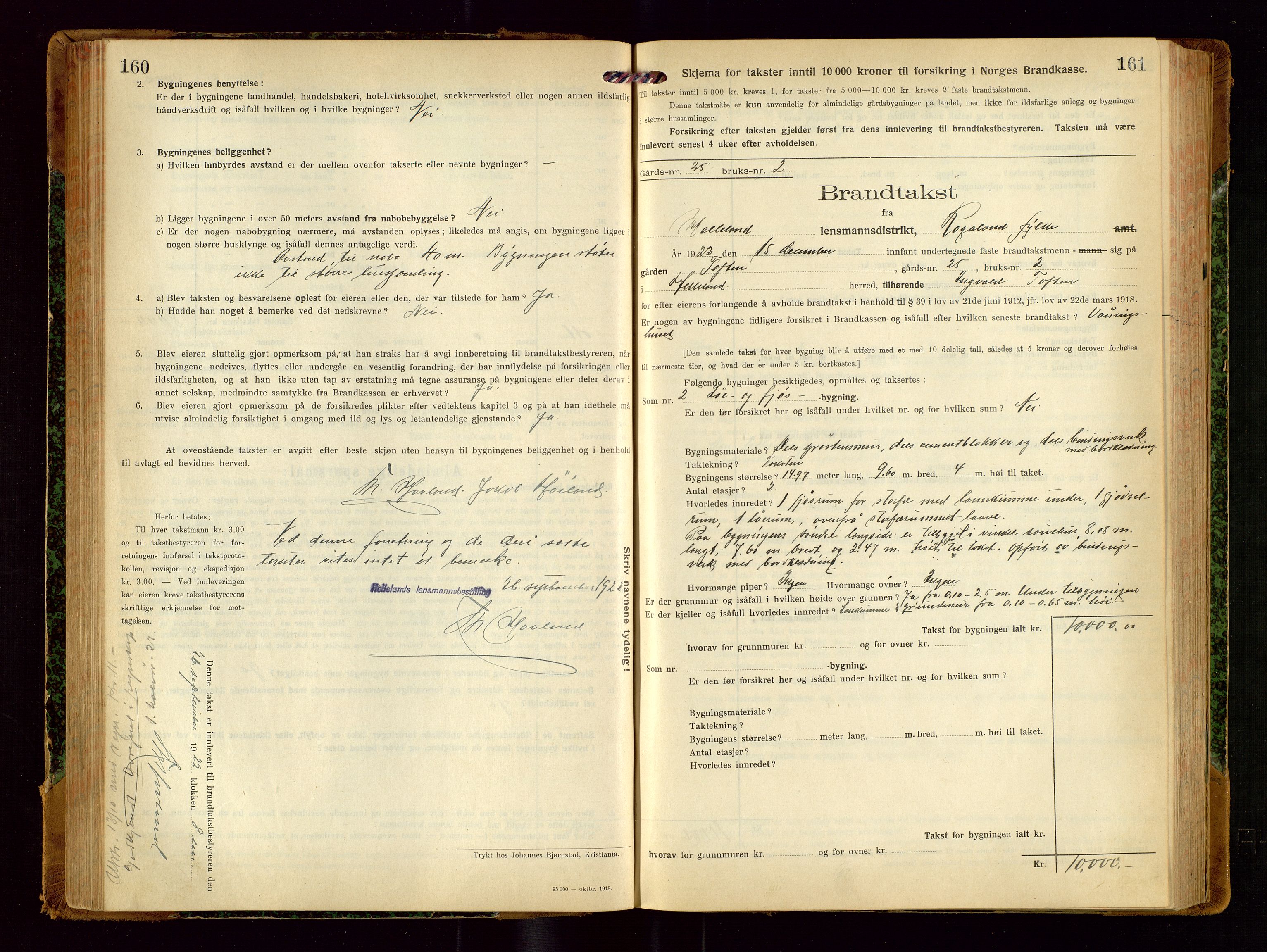Helleland lensmannskontor, AV/SAST-A-100209/Gob/L0002: "Brandtakstprotokoll", 1921-1930, s. 160-161