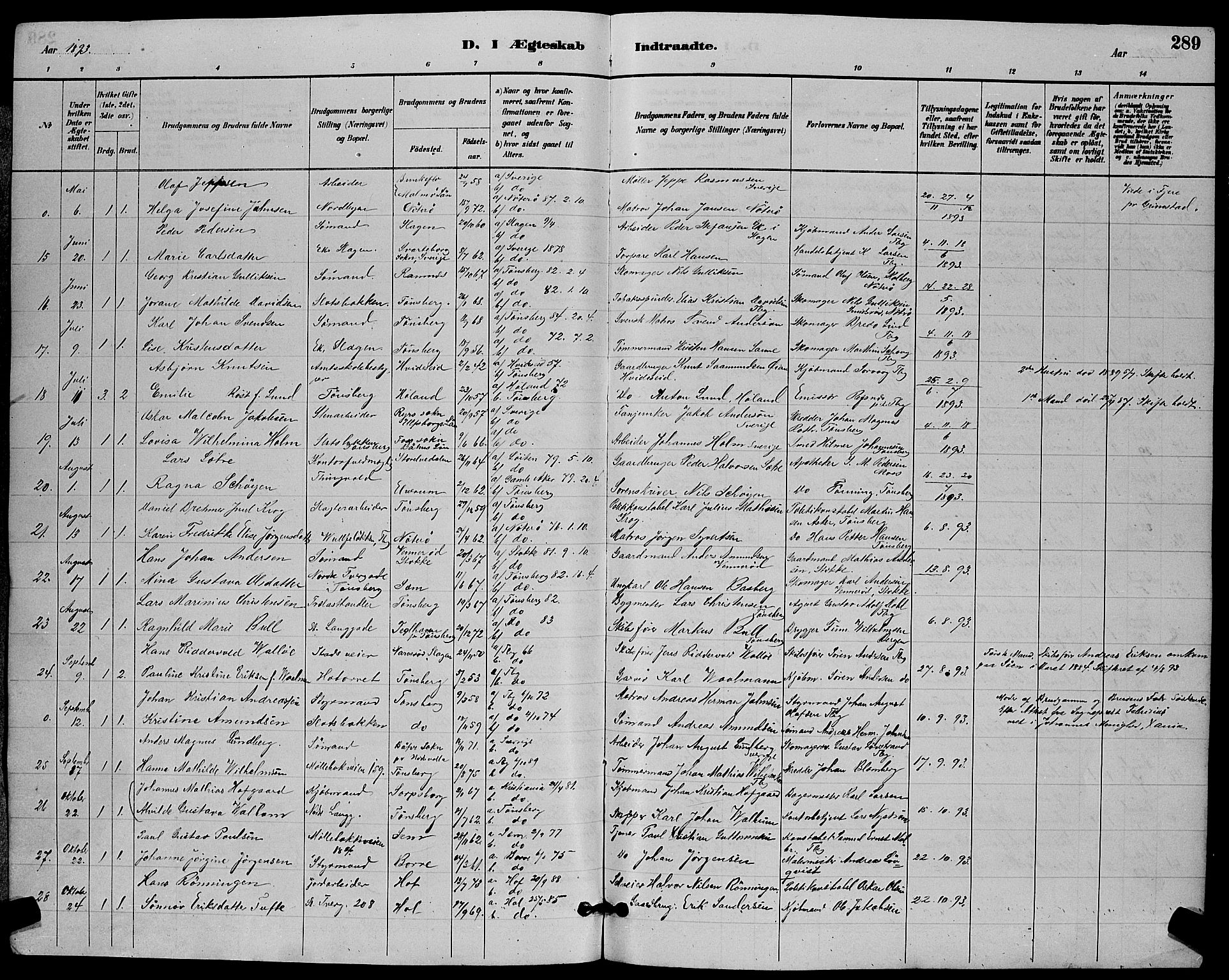 Tønsberg kirkebøker, AV/SAKO-A-330/G/Ga/L0006: Klokkerbok nr. 6, 1885-1895, s. 289