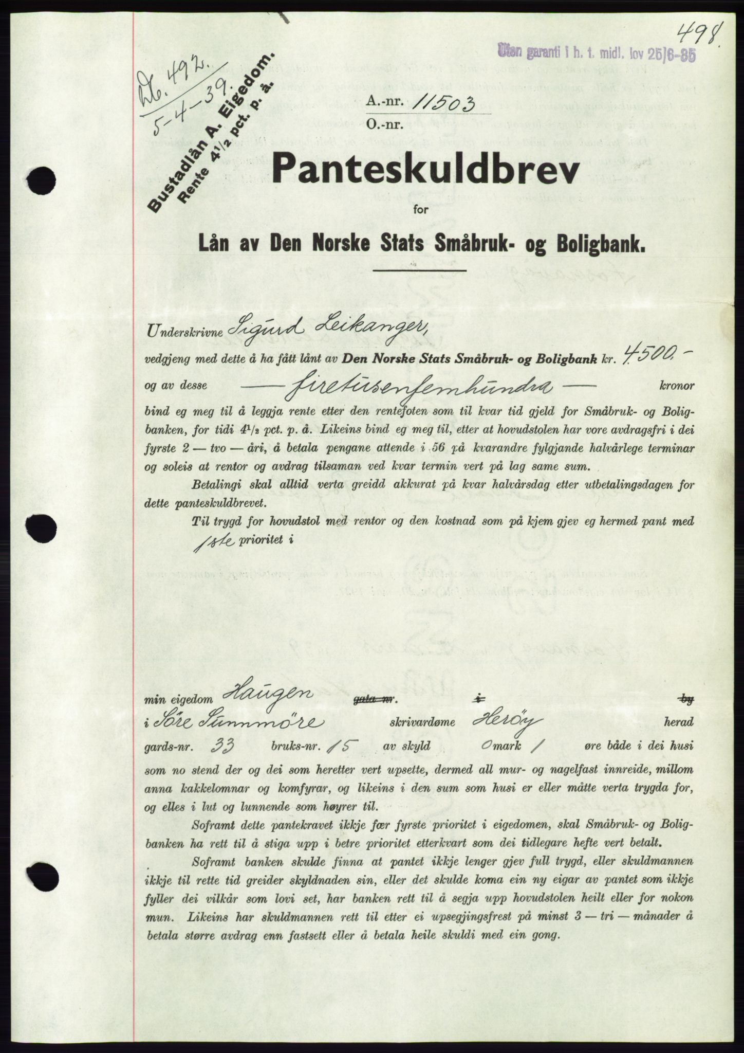 Søre Sunnmøre sorenskriveri, AV/SAT-A-4122/1/2/2C/L0067: Pantebok nr. 61, 1938-1939, Dagboknr: 492/1939