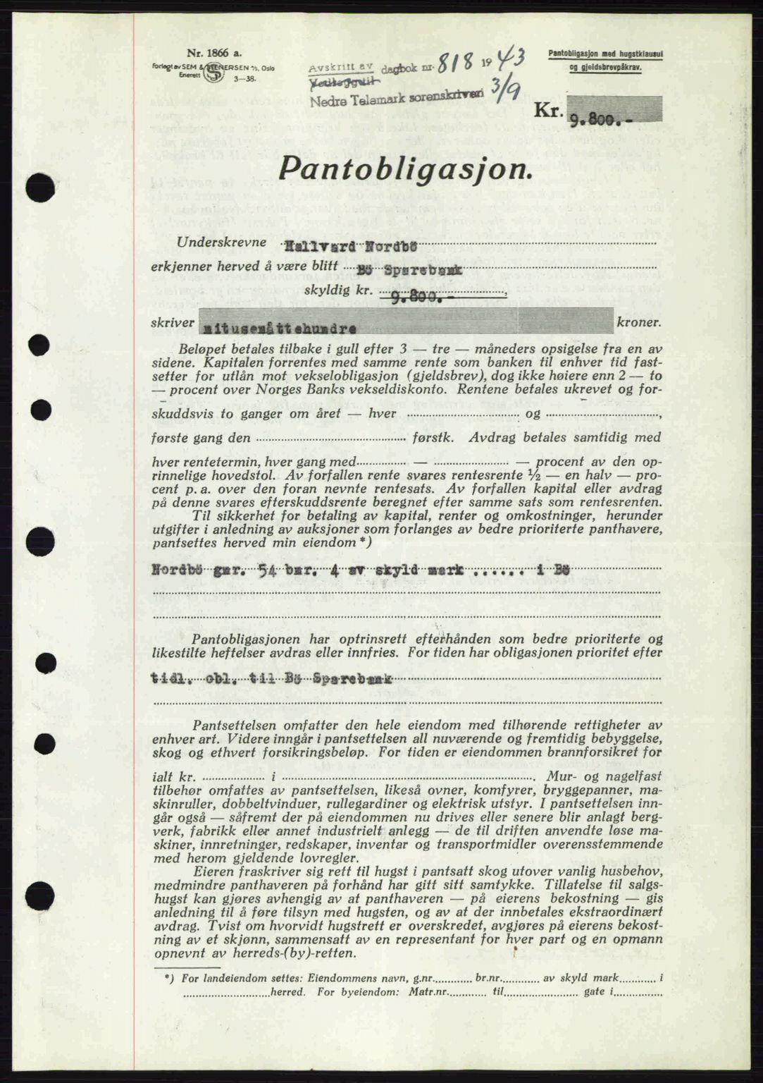 Nedre Telemark sorenskriveri, SAKO/A-135/G/Ga/Gaa/L0051: Pantebok nr. A-51, 1943-1944, Dagboknr: 818/1943