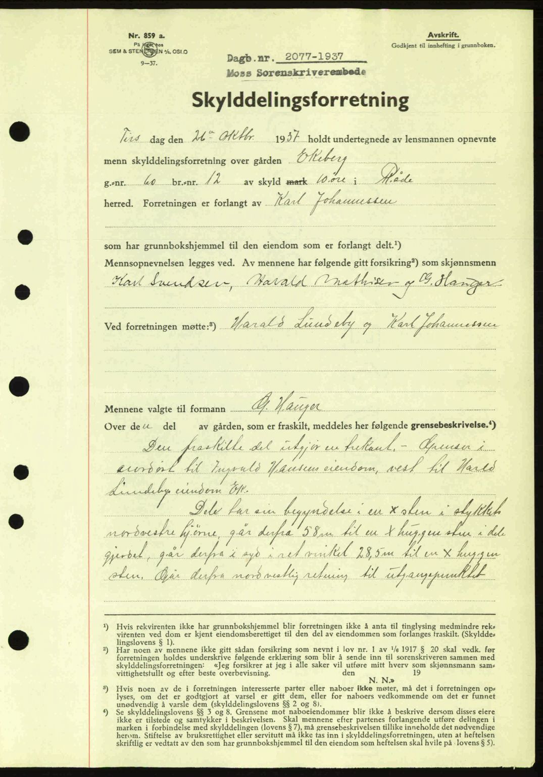 Moss sorenskriveri, SAO/A-10168: Pantebok nr. A3, 1937-1938, Dagboknr: 2077/1937