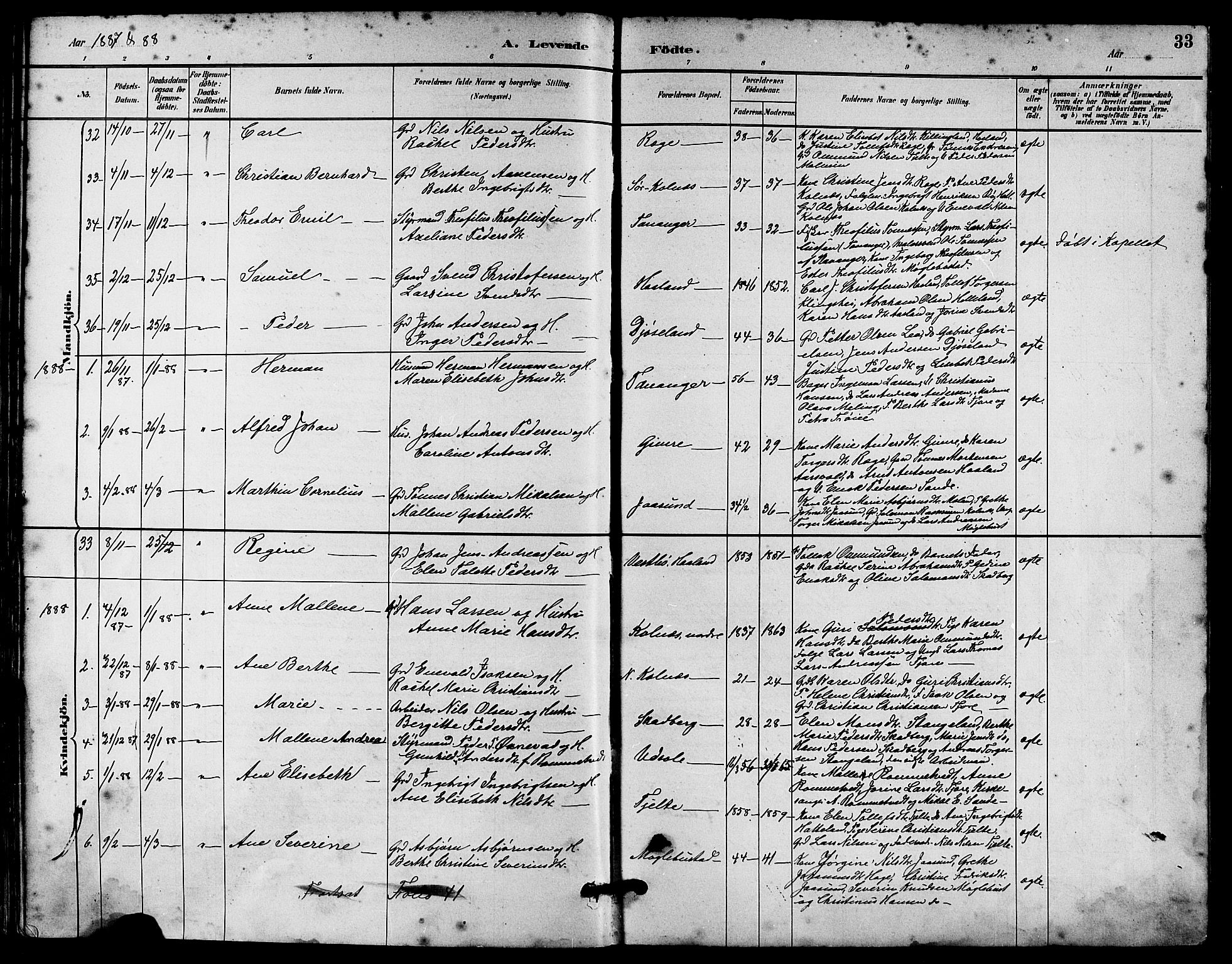 Håland sokneprestkontor, AV/SAST-A-101802/001/30BA/L0010: Ministerialbok nr. A 9, 1883-1888, s. 33