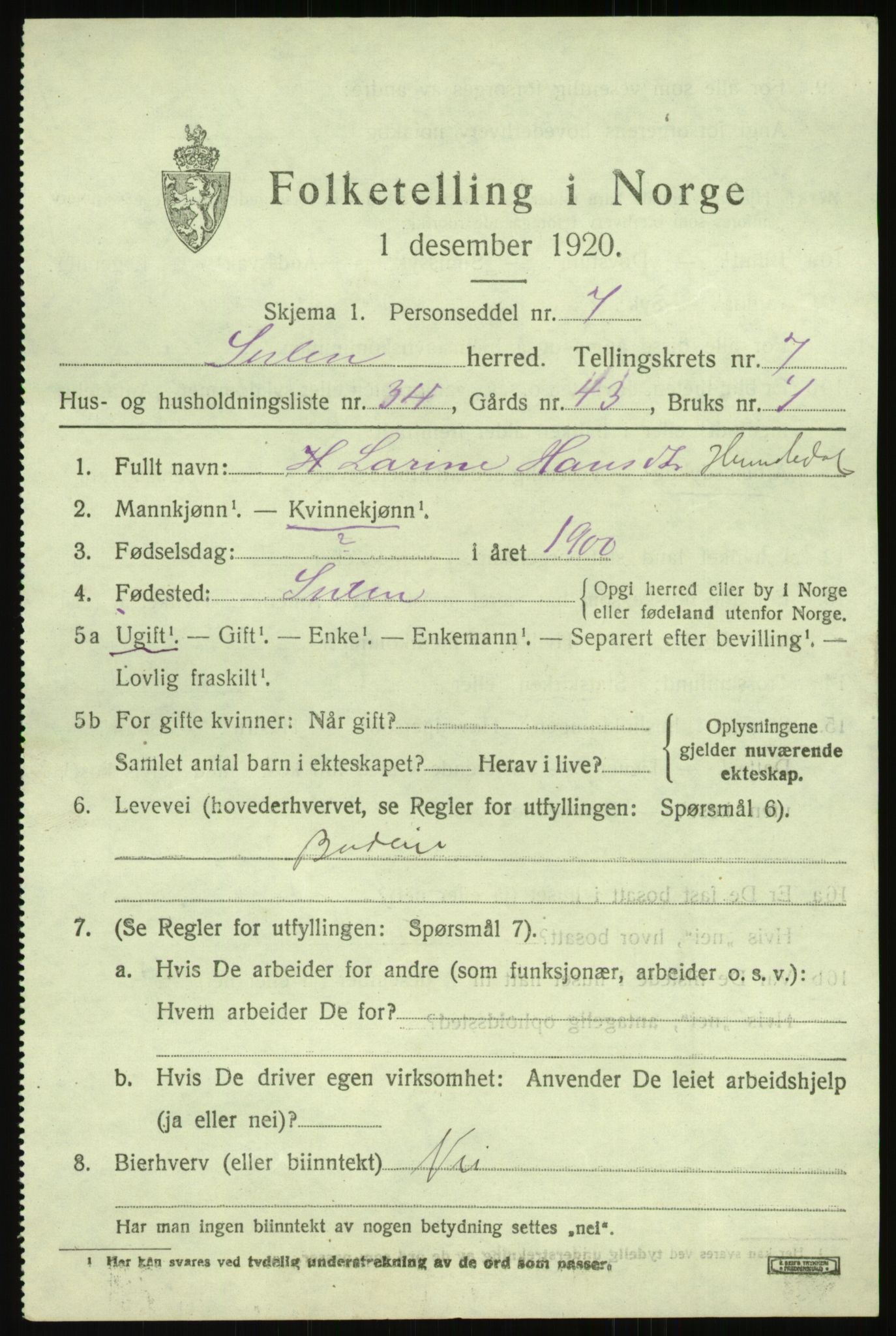 SAB, Folketelling 1920 for 1412 Solund herred, 1920, s. 3132