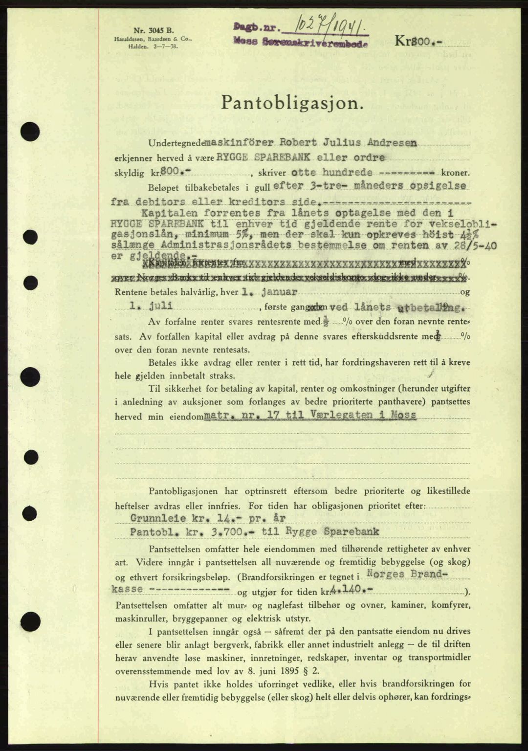 Moss sorenskriveri, SAO/A-10168: Pantebok nr. B10, 1940-1941, Dagboknr: 1027/1941