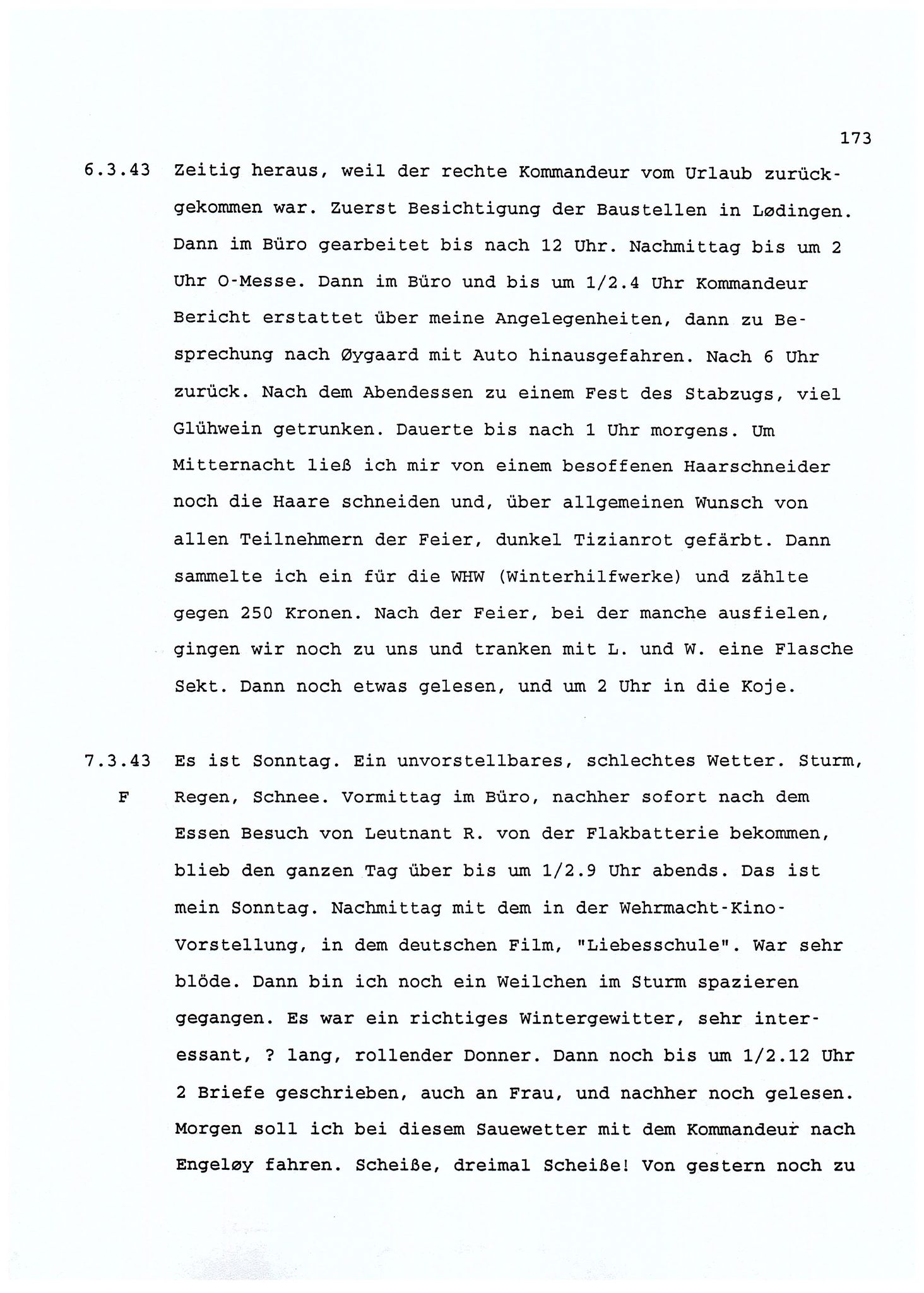 Dagbokopptegnelser av en tysk marineoffiser stasjonert i Norge , FMFB/A-1160/F/L0001: Dagbokopptegnelser av en tysk marineoffiser stasjonert i Norge, 1941-1944, s. 173
