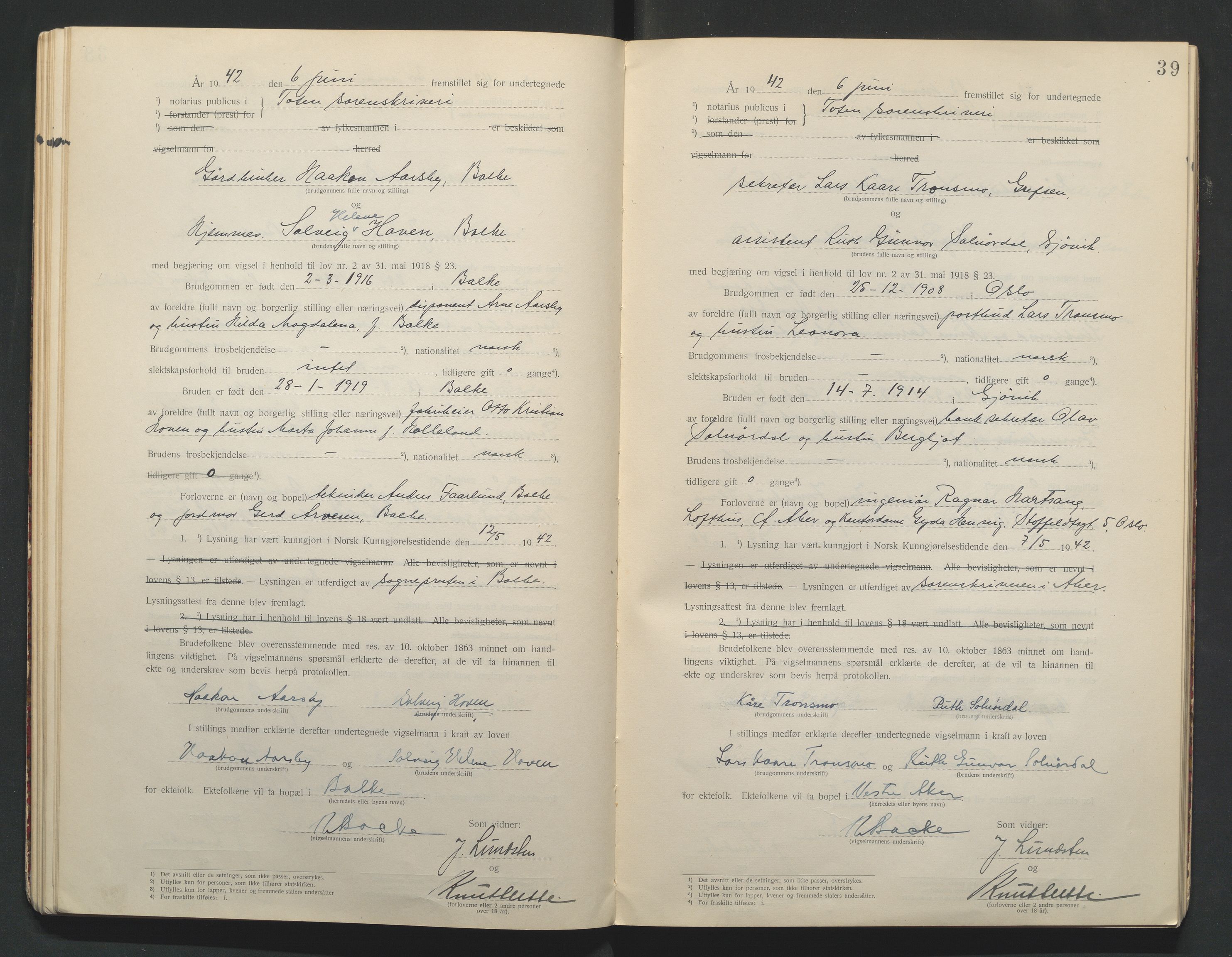 Toten tingrett, AV/SAH-TING-006/L/Lc/L0001: Vigselbok, 1920-1942, s. 39