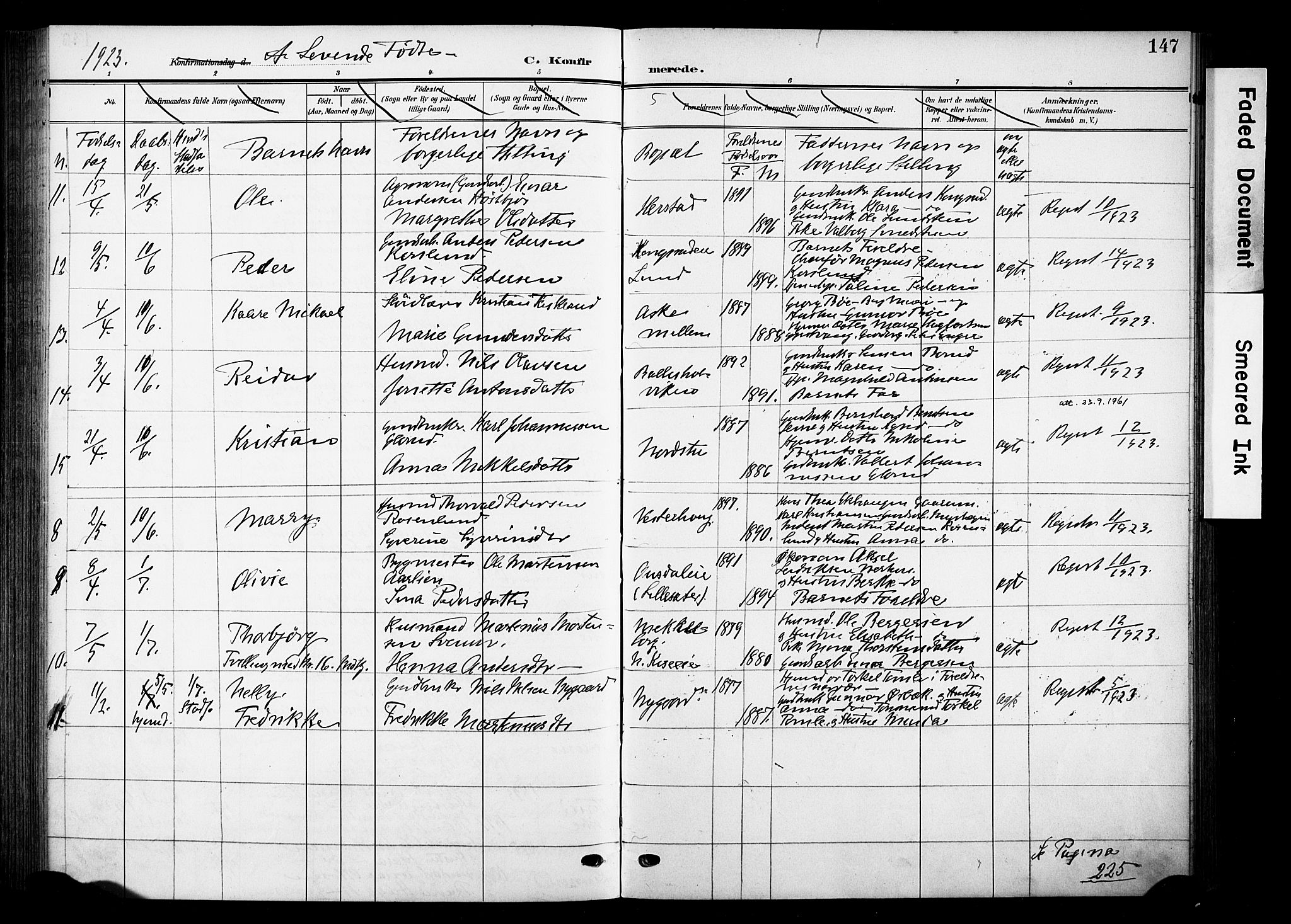 Nes prestekontor, Hedmark, SAH/PREST-020/K/Ka/L0013: Ministerialbok nr. 13, 1906-1924, s. 147