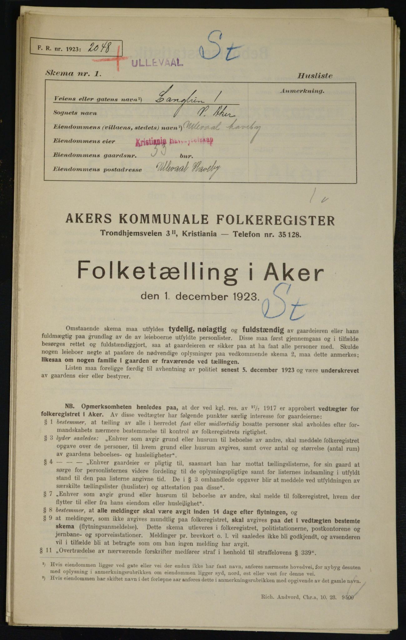 , Kommunal folketelling 1.12.1923 for Aker, 1923, s. 21245