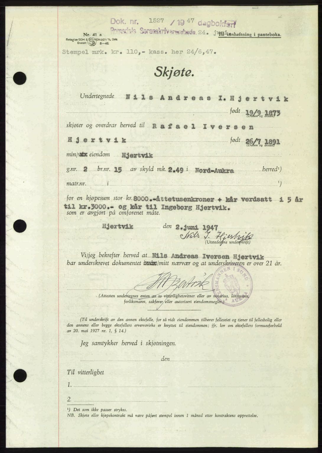 Romsdal sorenskriveri, AV/SAT-A-4149/1/2/2C: Pantebok nr. A23, 1947-1947, Dagboknr: 1527/1947