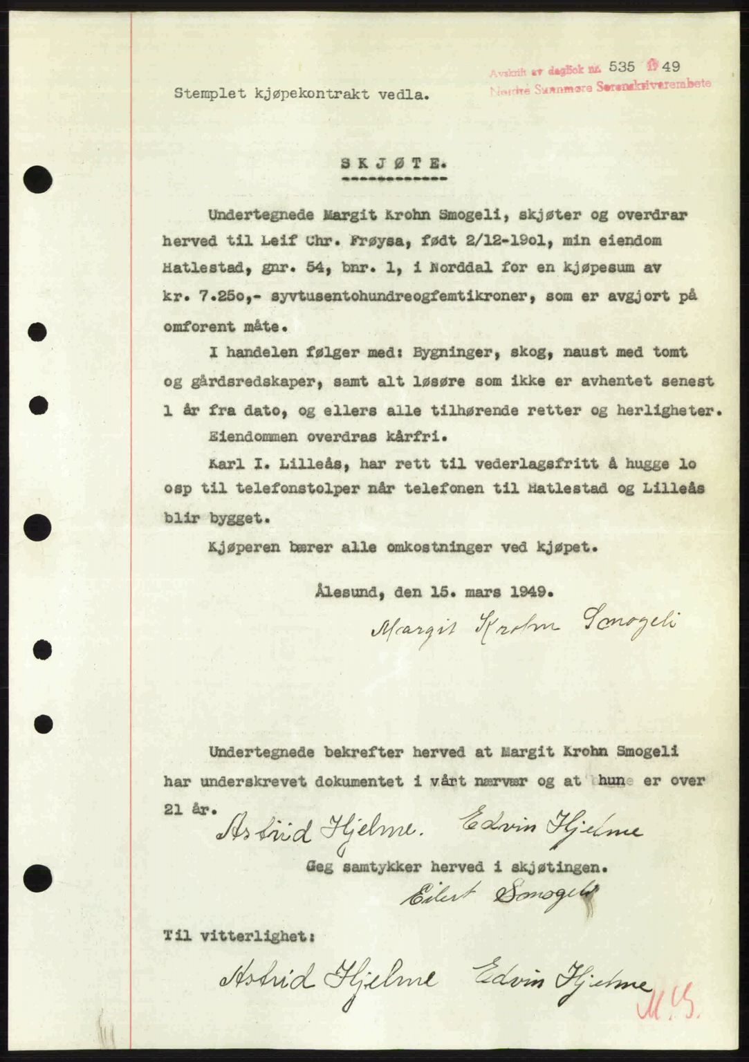 Nordre Sunnmøre sorenskriveri, SAT/A-0006/1/2/2C/2Ca: Pantebok nr. A30, 1949-1949, Dagboknr: 535/1949