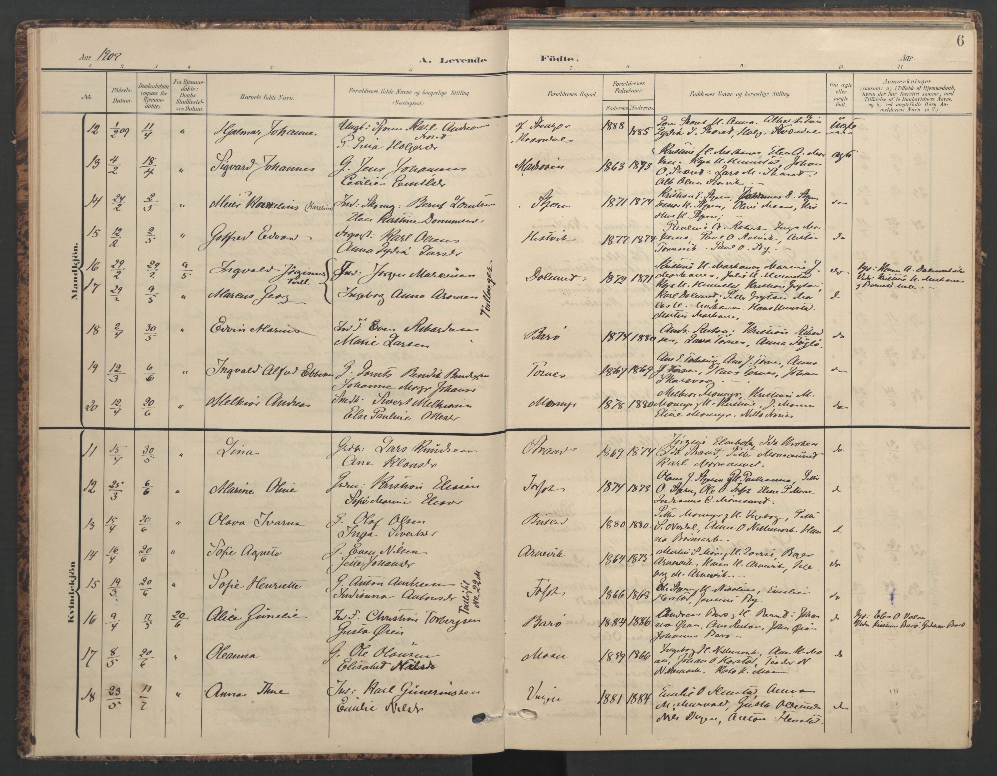Ministerialprotokoller, klokkerbøker og fødselsregistre - Sør-Trøndelag, AV/SAT-A-1456/655/L0682: Ministerialbok nr. 655A11, 1908-1922, s. 6