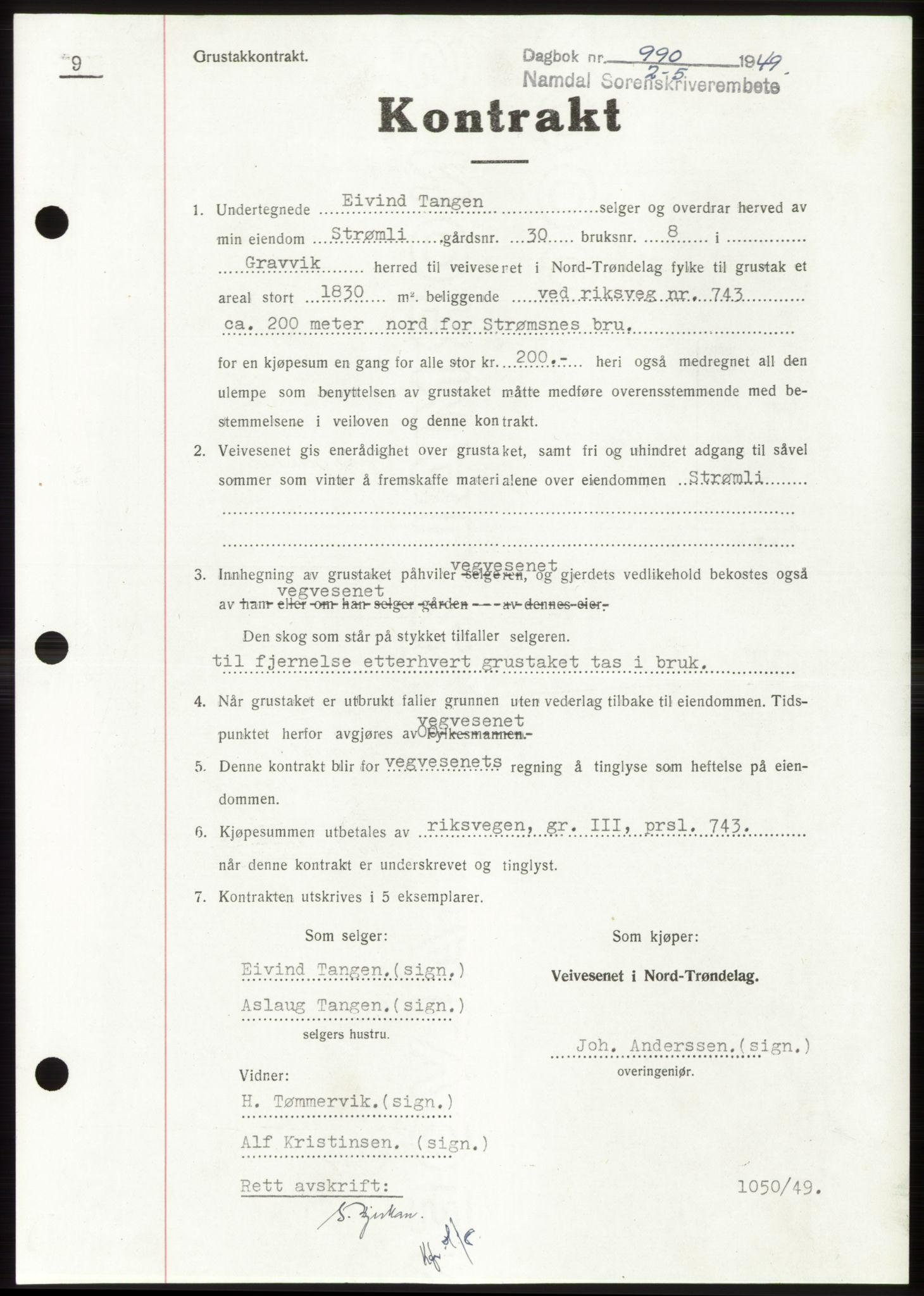 Namdal sorenskriveri, SAT/A-4133/1/2/2C: Pantebok nr. -, 1949-1949, Dagboknr: 990/1949