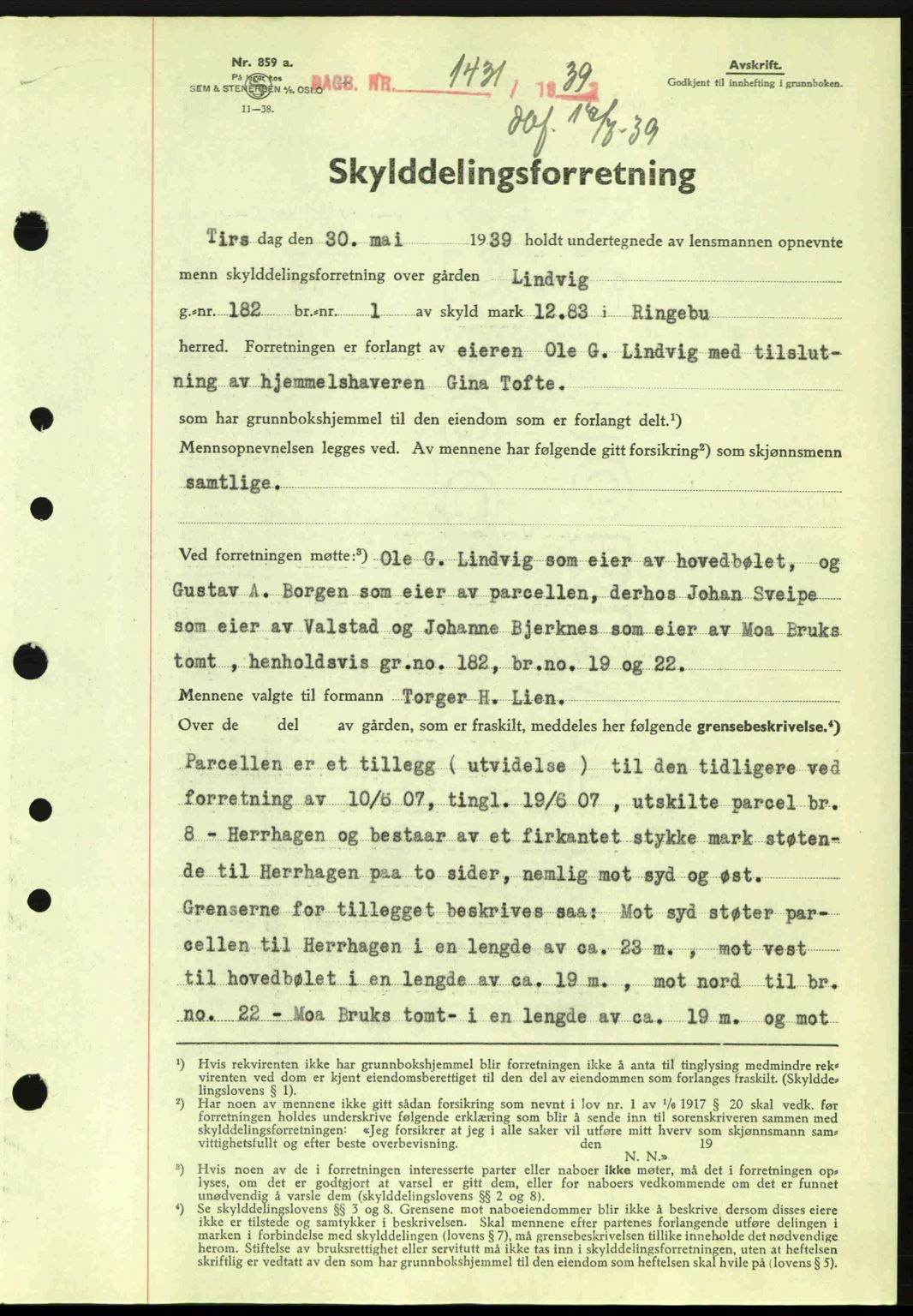 Sør-Gudbrandsdal tingrett, SAH/TING-004/H/Hb/Hbd/L0006: Pantebok nr. A6, 1939-1939, Dagboknr: 1431/1939
