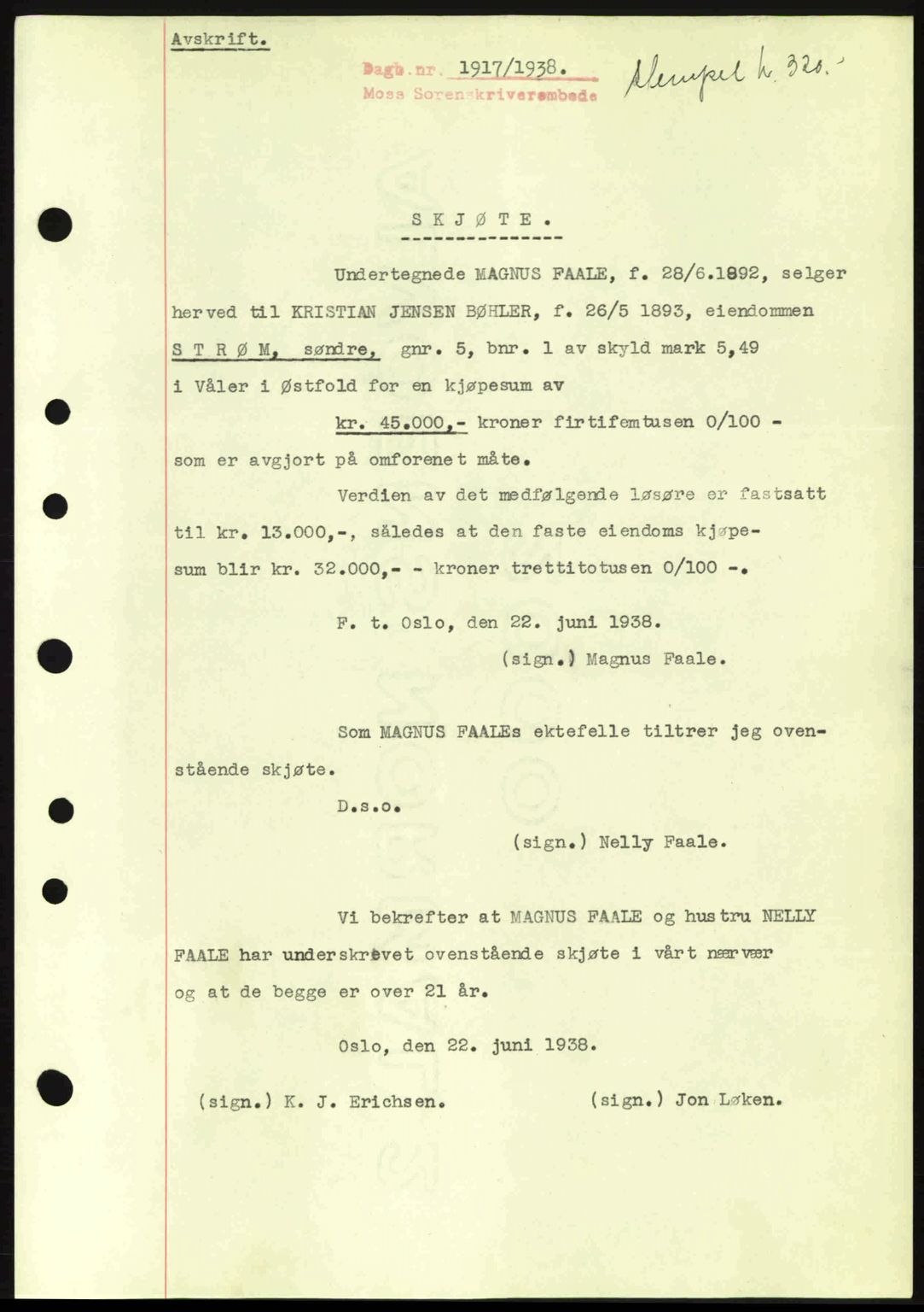 Moss sorenskriveri, SAO/A-10168: Pantebok nr. A4, 1938-1938, Dagboknr: 1917/1938