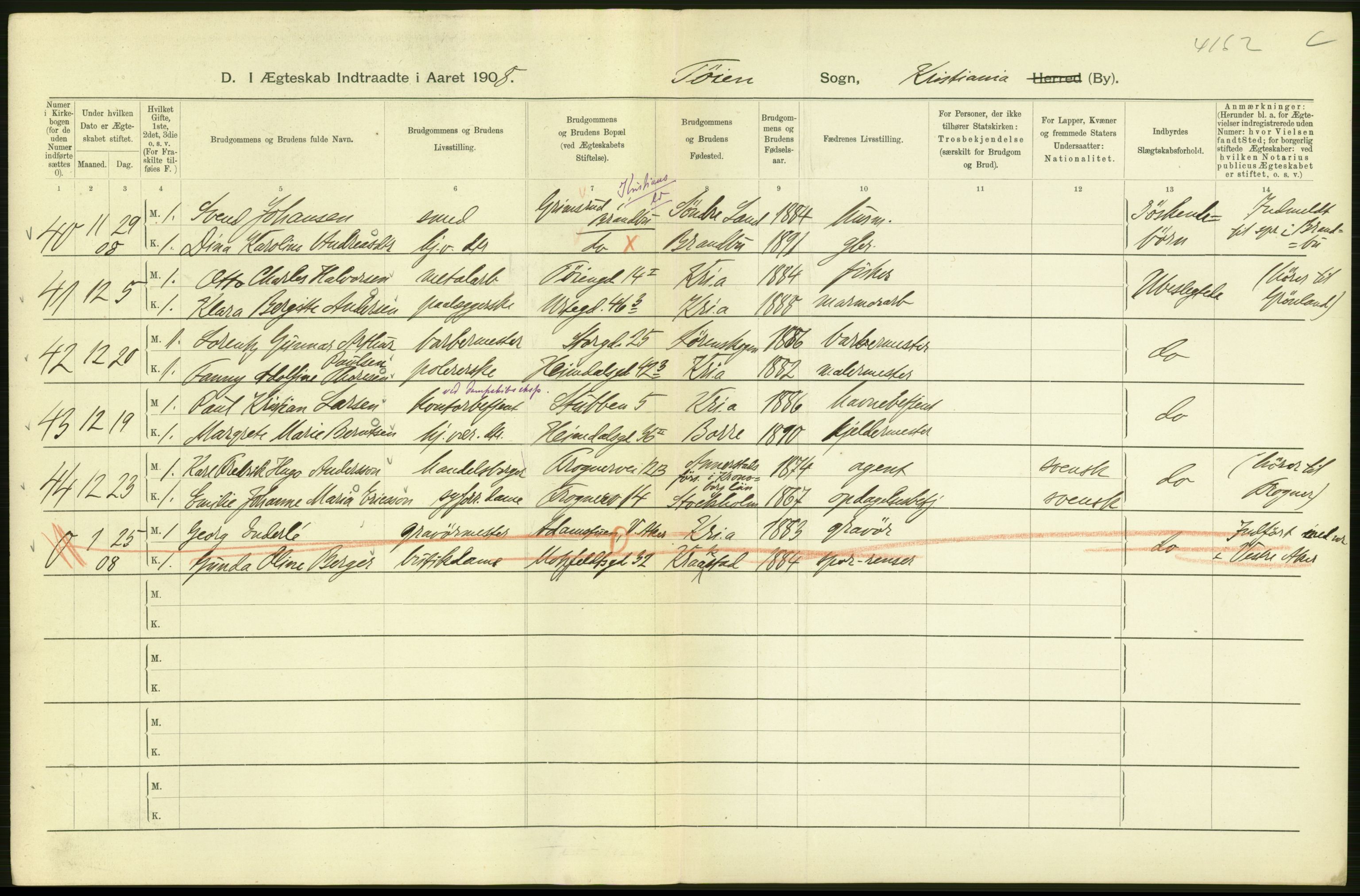 Statistisk sentralbyrå, Sosiodemografiske emner, Befolkning, AV/RA-S-2228/D/Df/Dfa/Dfaf/L0007: Kristiania: Gifte, 1908, s. 94