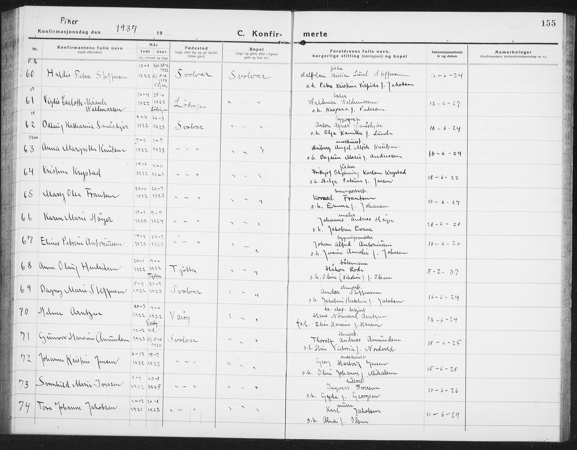 Ministerialprotokoller, klokkerbøker og fødselsregistre - Nordland, AV/SAT-A-1459/877/L1117: Klokkerbok nr. 877C01, 1923-1942, s. 155
