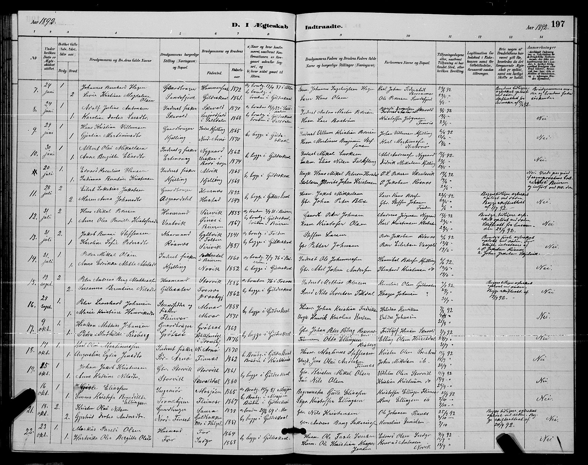 Ministerialprotokoller, klokkerbøker og fødselsregistre - Nordland, AV/SAT-A-1459/805/L0108: Klokkerbok nr. 805C04, 1885-1899, s. 197