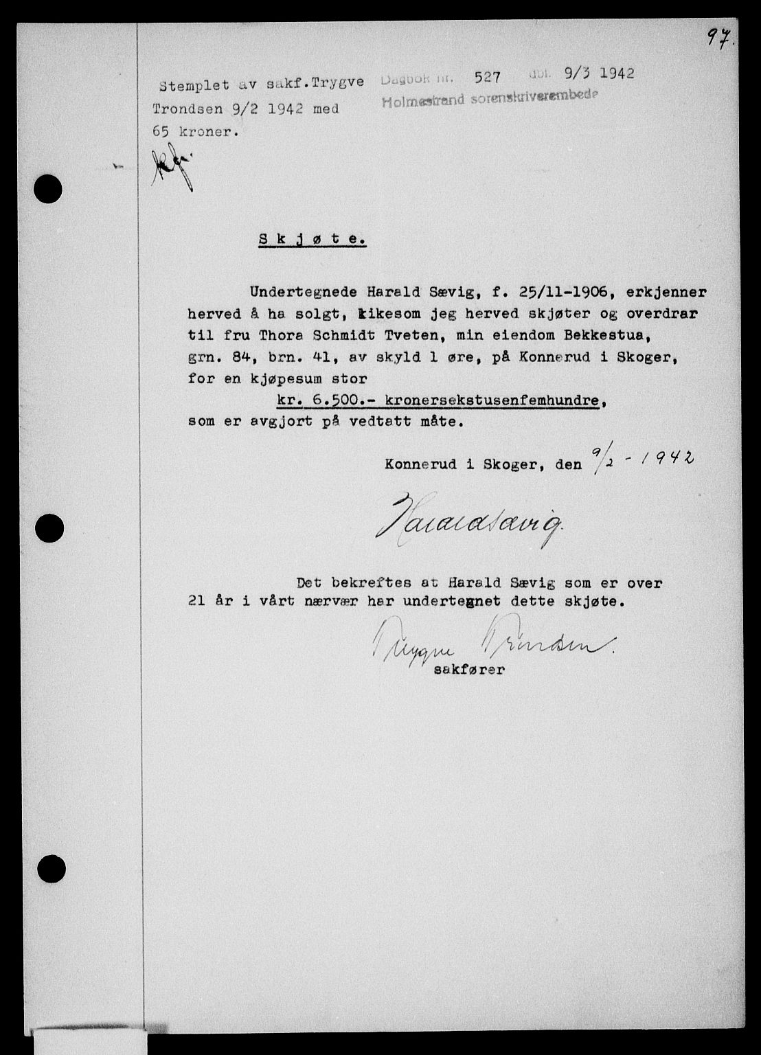 Holmestrand sorenskriveri, SAKO/A-67/G/Ga/Gaa/L0055: Pantebok nr. A-55, 1942-1942, Dagboknr: 527/1942