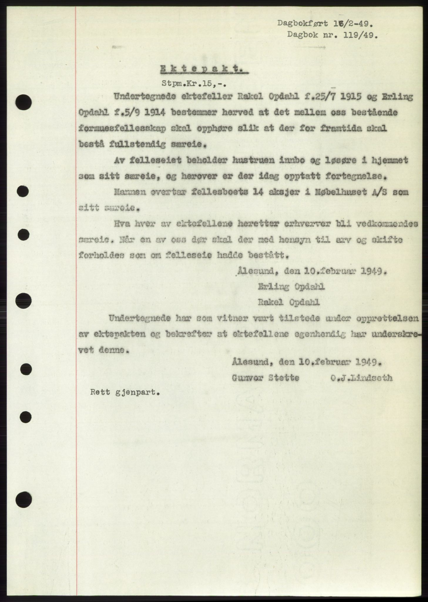 Ålesund byfogd, AV/SAT-A-4384: Pantebok nr. B36-38, 1948-1950, Dagboknr: 119/1949