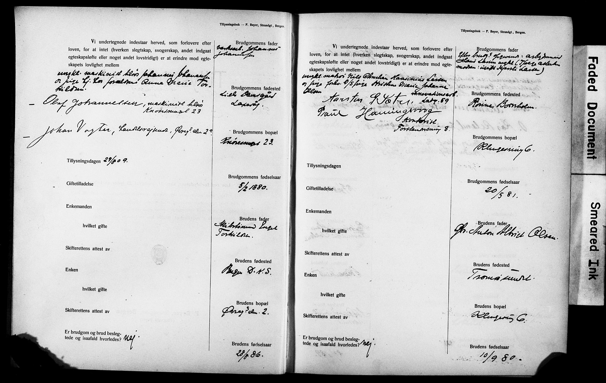 Mariakirken Sokneprestembete, SAB/A-76901: Forlovererklæringer nr. II.5.3, 1909-1917, s. 2
