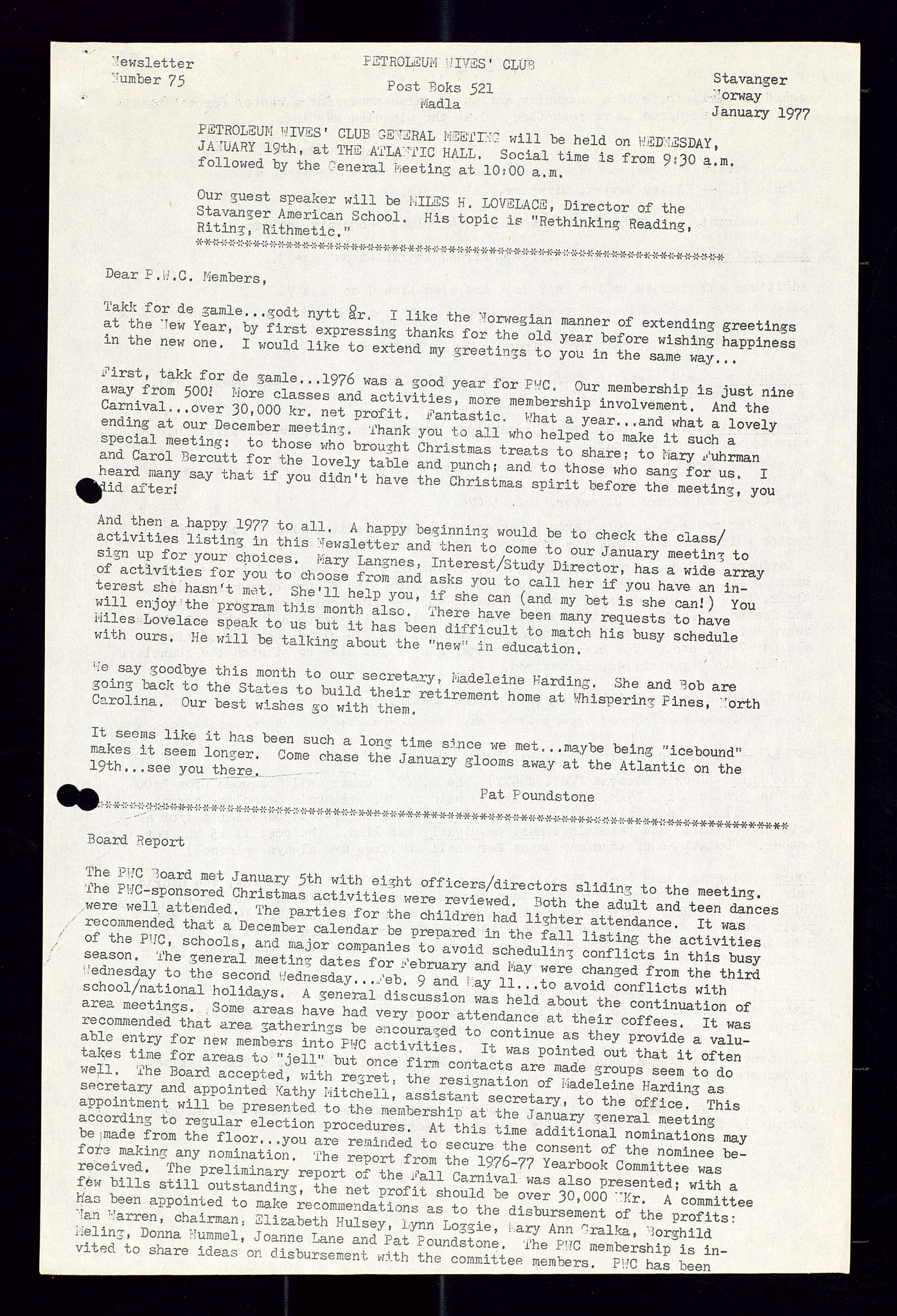 PA 1547 - Petroleum Wives Club, AV/SAST-A-101974/X/Xa/L0001: Newsletters (1971-1978)/radiointervjuer på kasett (1989-1992), 1970-1978