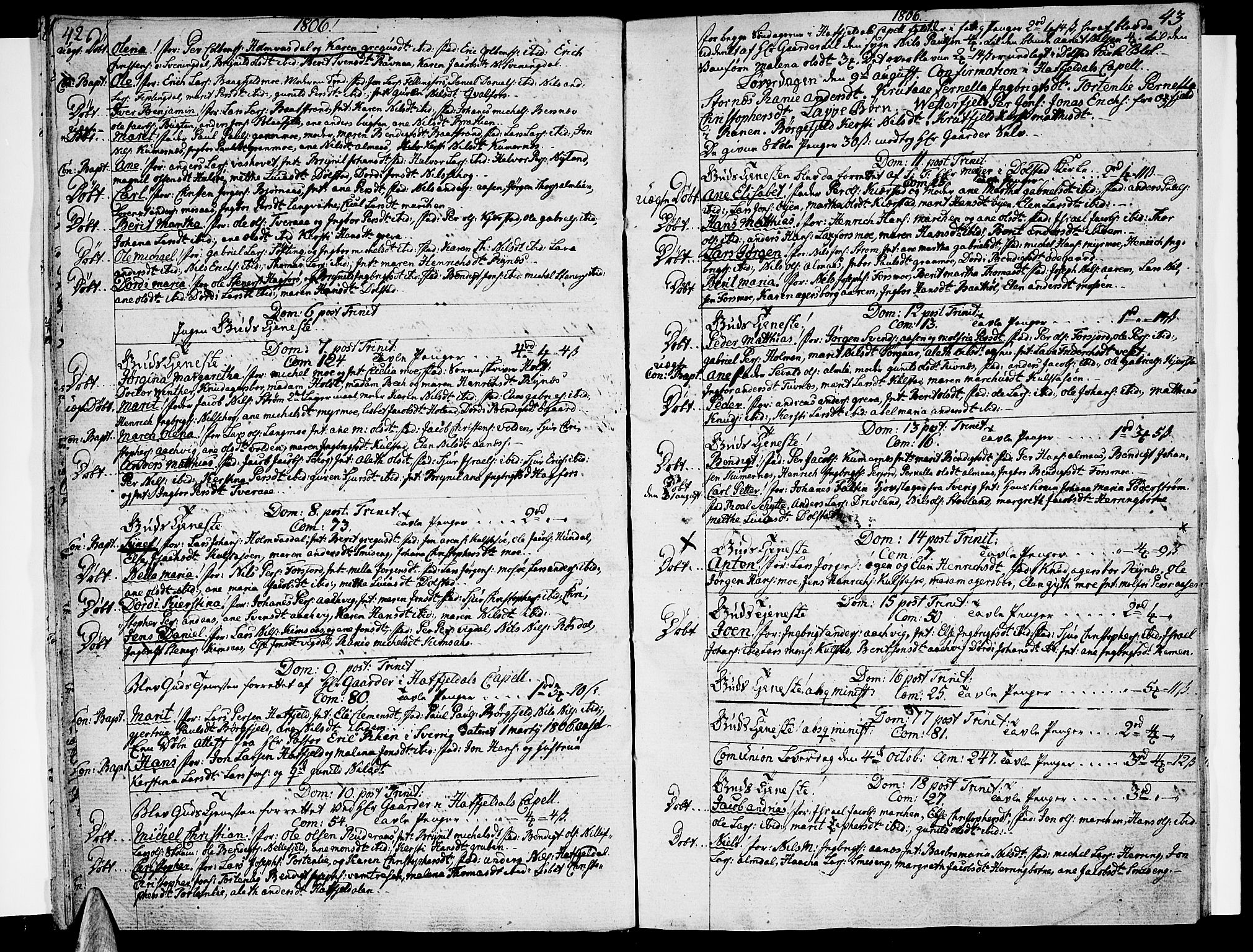Ministerialprotokoller, klokkerbøker og fødselsregistre - Nordland, AV/SAT-A-1459/820/L0287: Ministerialbok nr. 820A08, 1800-1819, s. 42-43