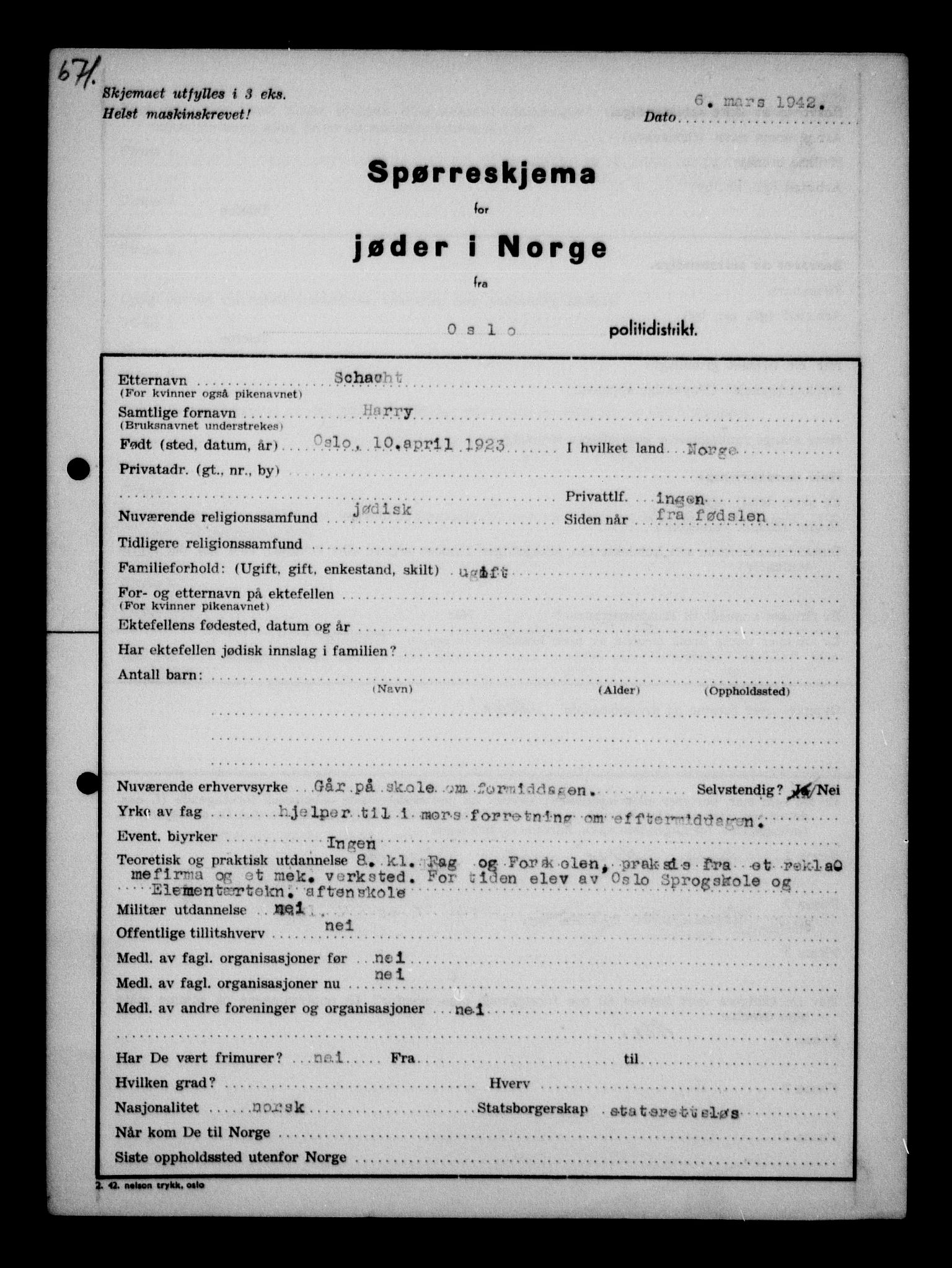 Statspolitiet - Hovedkontoret / Osloavdelingen, AV/RA-S-1329/G/Ga/L0011/0001: Spørreskjema for jøder i Norge / Jøder bosatt i Oslo, Plavnik - Zwillinger, 1942, s. 184