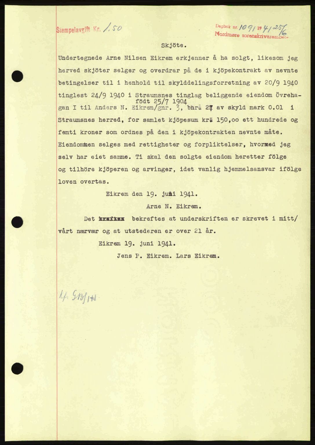 Nordmøre sorenskriveri, SAT/A-4132/1/2/2Ca: Pantebok nr. A90, 1941-1941, Dagboknr: 1091/1941