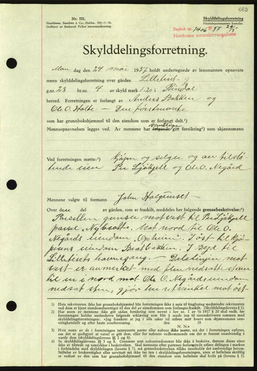 Nordmøre sorenskriveri, SAT/A-4132/1/2/2Ca: Pantebok nr. A81, 1937-1937, Dagboknr: 1406/1937