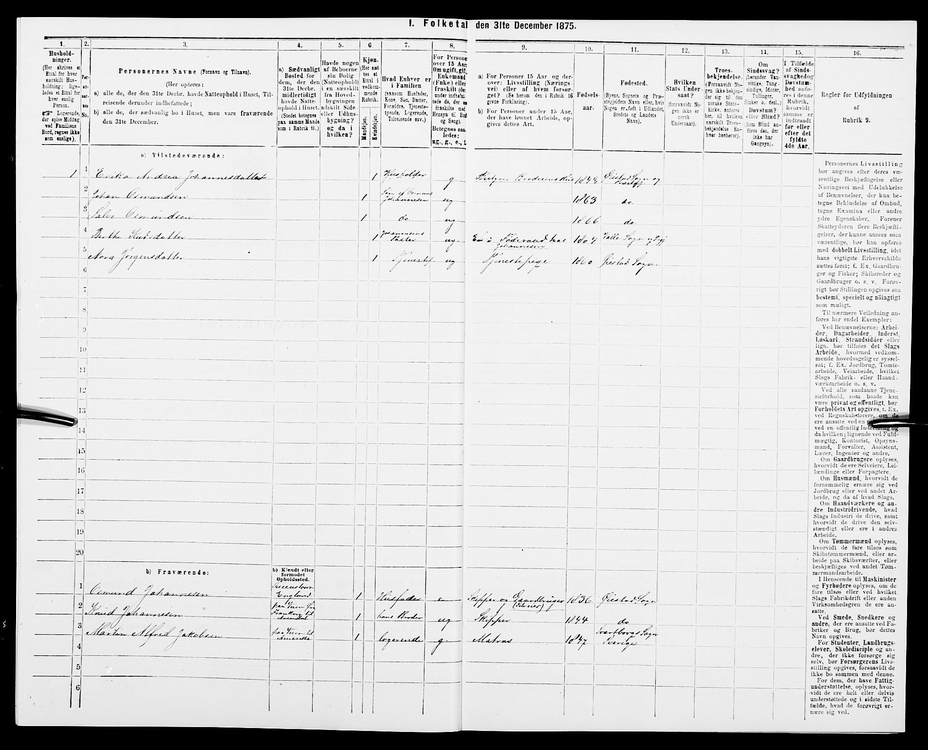 SAK, Folketelling 1875 for 0920P Øyestad prestegjeld, 1875, s. 611