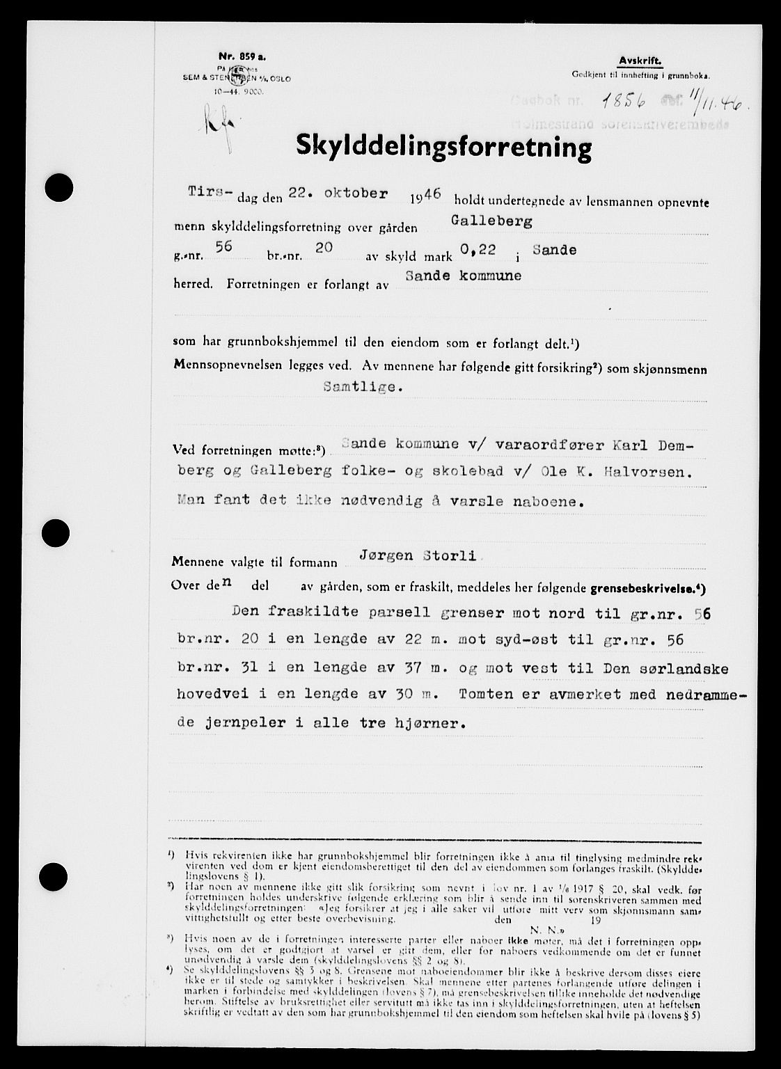 Holmestrand sorenskriveri, SAKO/A-67/G/Ga/Gaa/L0061: Pantebok nr. A-61, 1946-1947, Dagboknr: 1856/1946