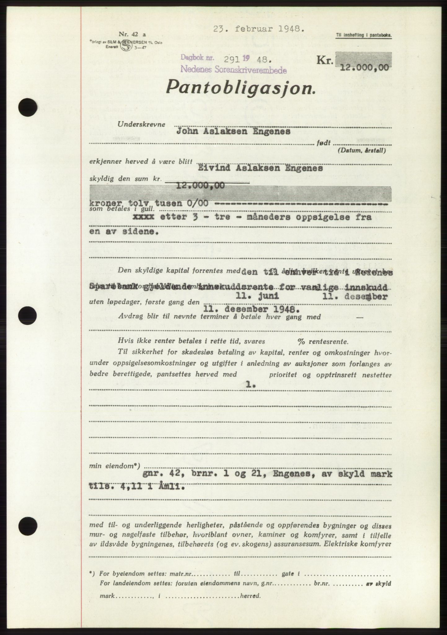 Nedenes sorenskriveri, AV/SAK-1221-0006/G/Gb/Gbb/L0005: Pantebok nr. B5, 1948-1948, Dagboknr: 291/1948