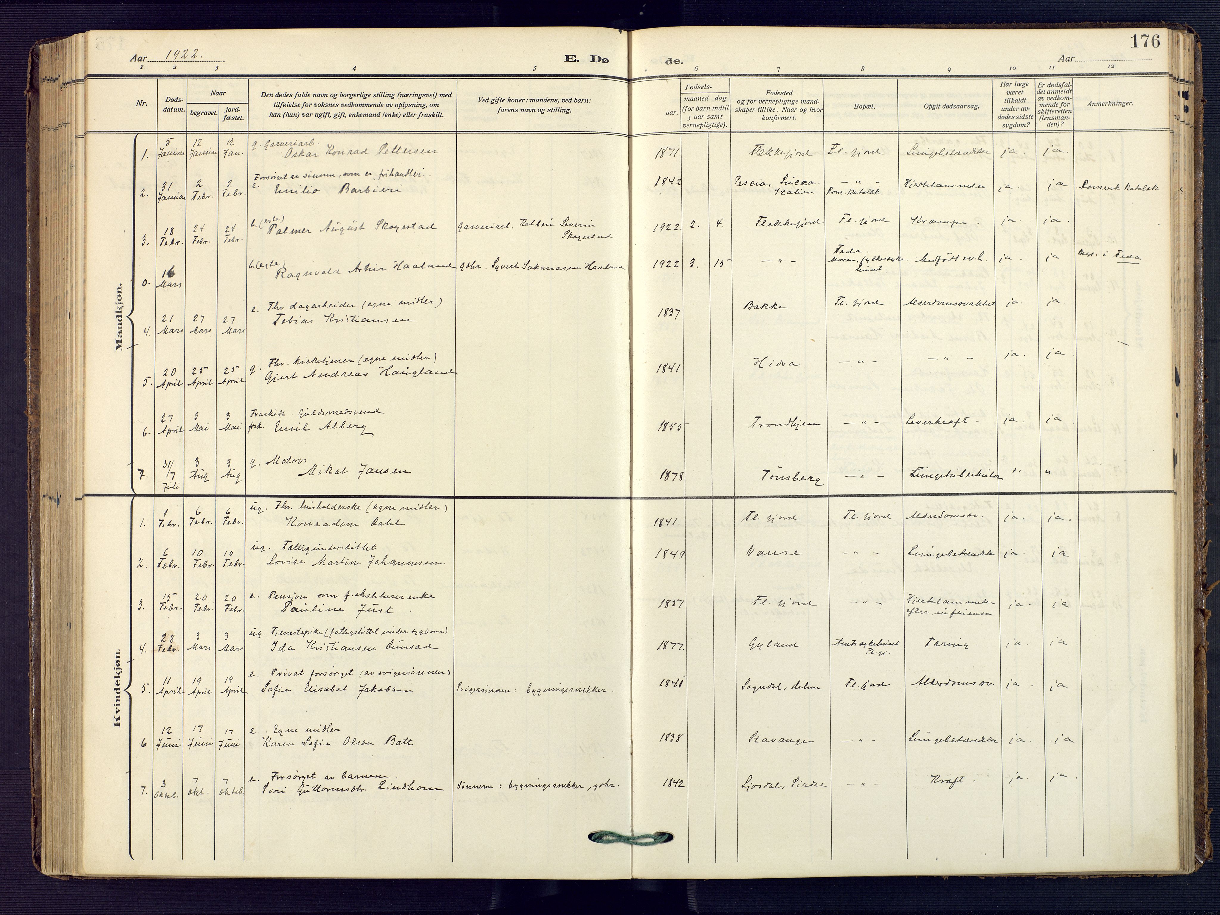 Flekkefjord sokneprestkontor, AV/SAK-1111-0012/F/Fa/Faa/L0003: Ministerialbok nr. A 3, 1913-1928, s. 176
