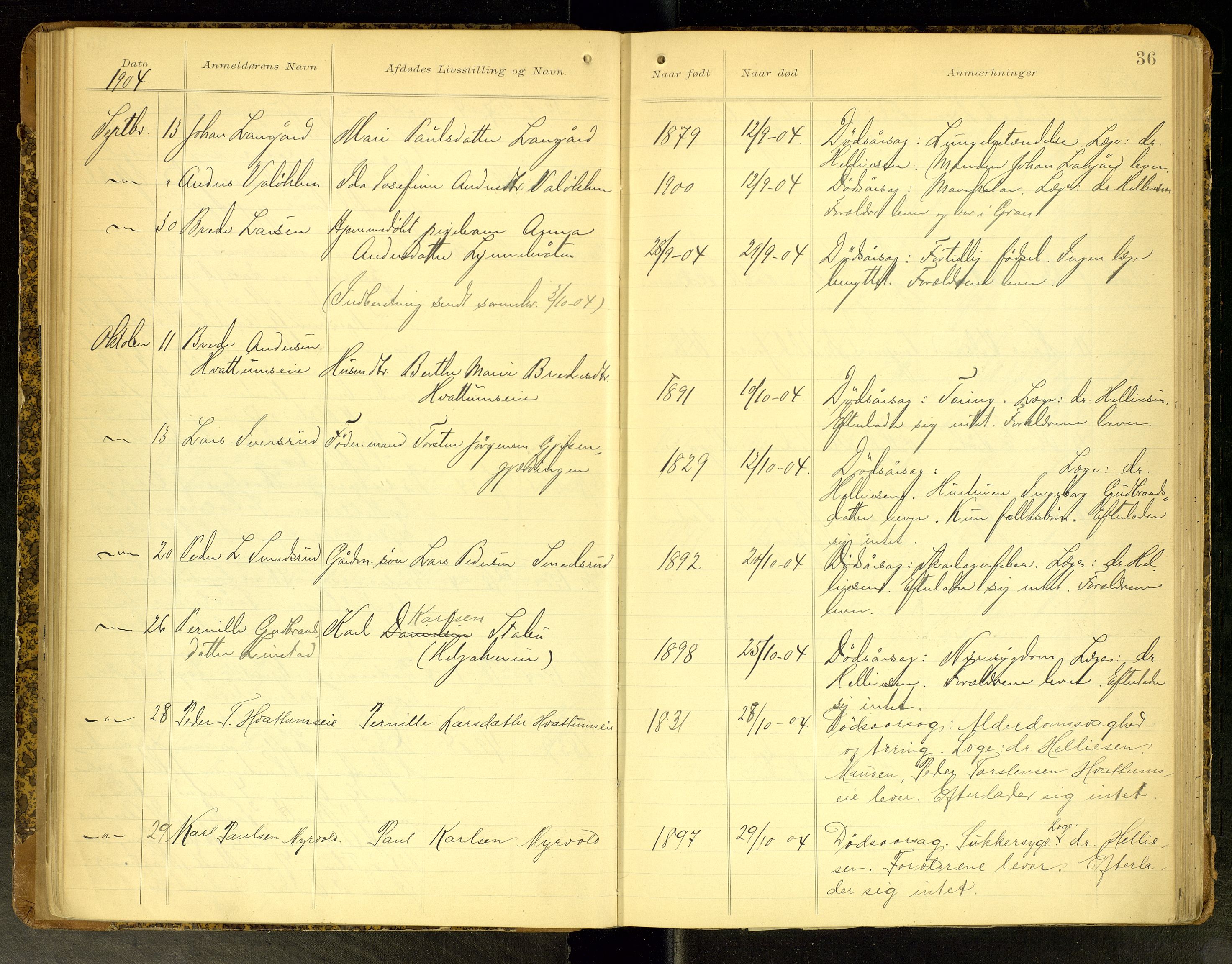 Gran lensmannskontor, AV/SAH-LOG-010/H/Ha/L0002: Dødsfallsprotokoll, 1899-1917, s. 36