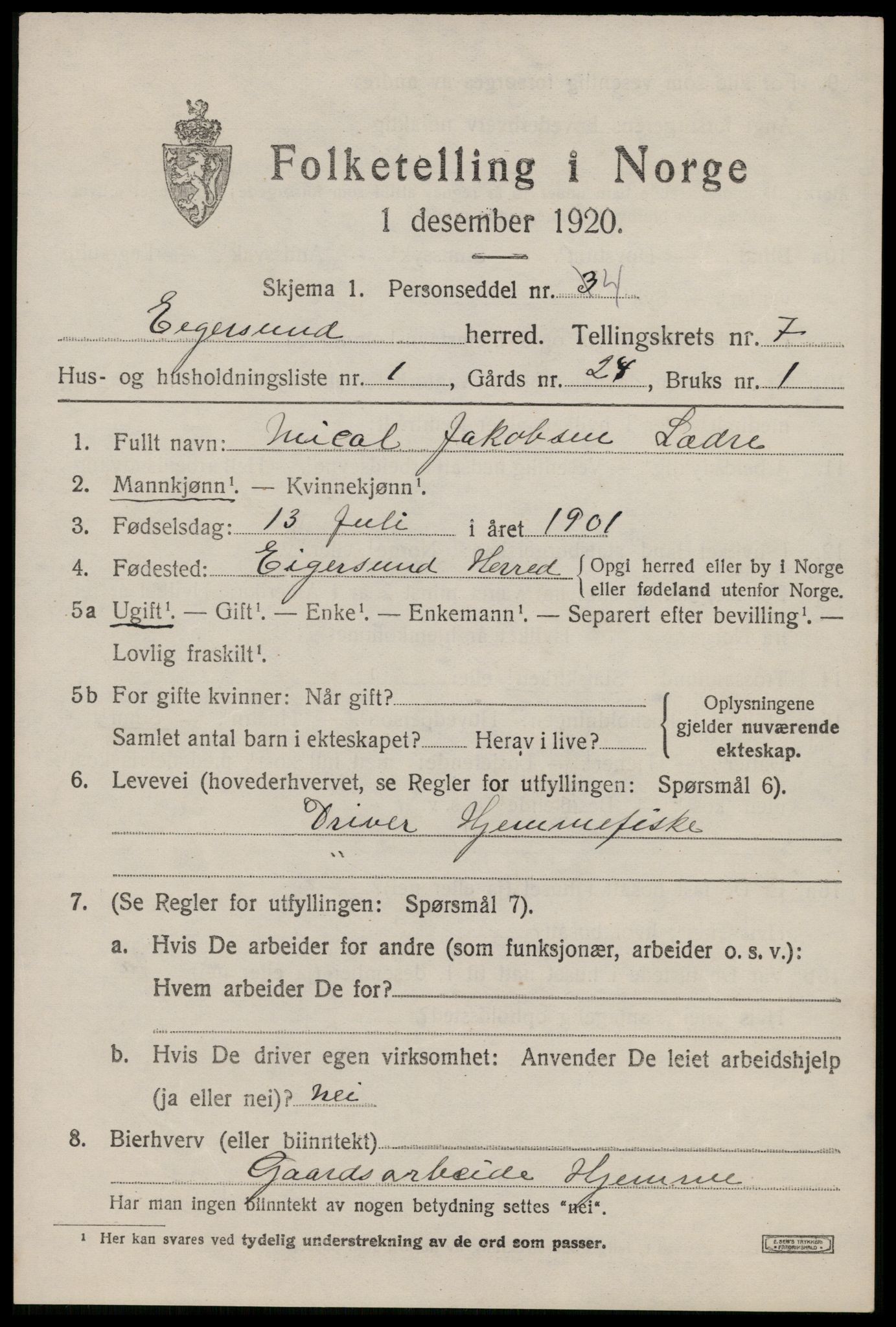 SAST, Folketelling 1920 for 1116 Eigersund herred, 1920, s. 4623