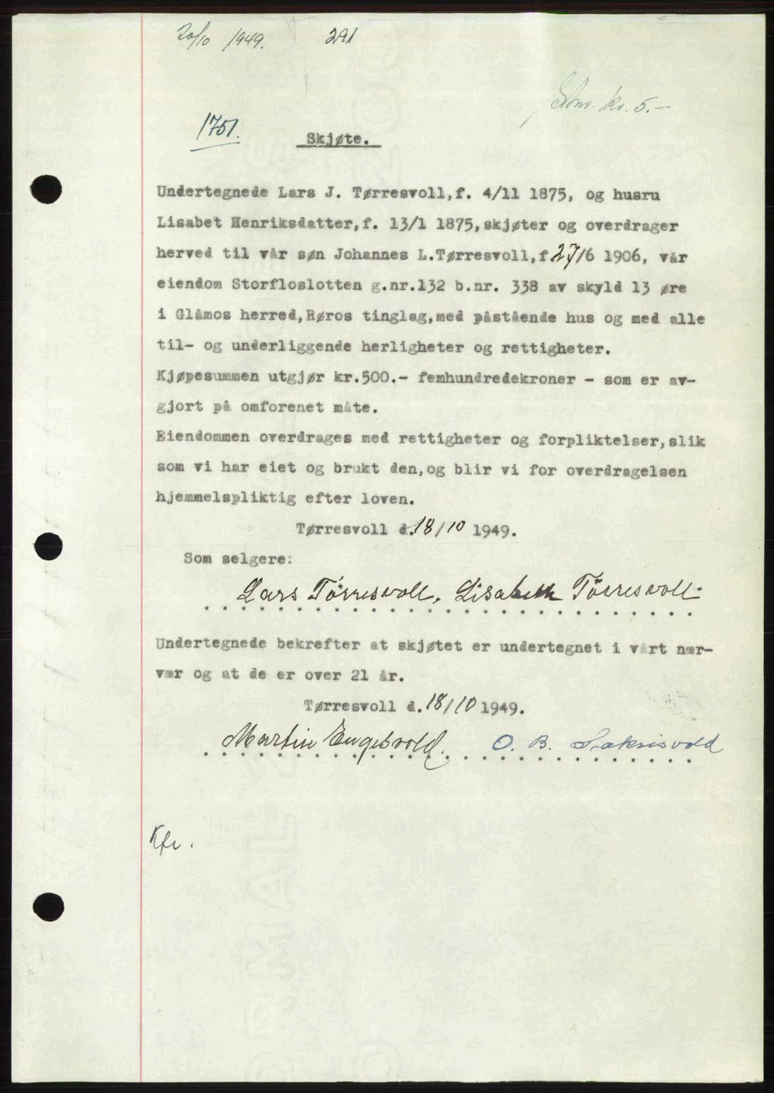 Gauldal sorenskriveri, SAT/A-0014/1/2/2C: Pantebok nr. A8, 1949-1949, Dagboknr: 1751/1949
