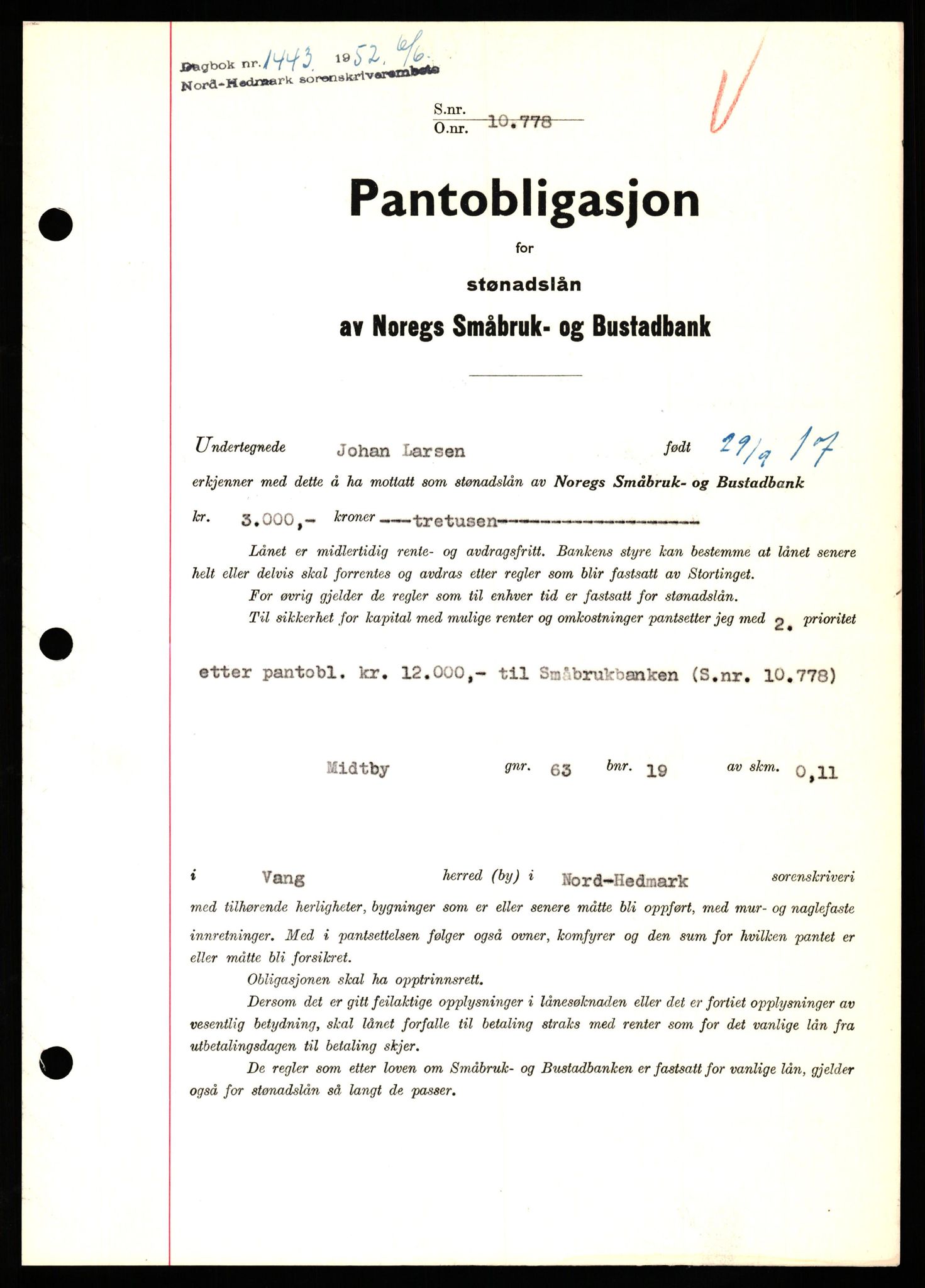 Nord-Hedmark sorenskriveri, SAH/TING-012/H/Hb/Hbf/L0025: Pantebok nr. B25, 1952-1952, Dagboknr: 1443/1952