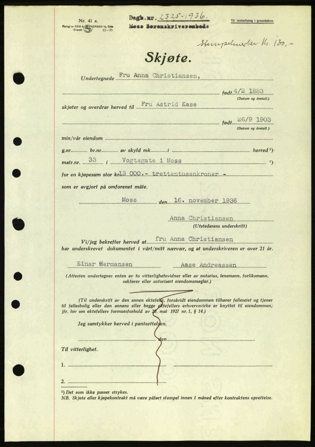 Moss sorenskriveri, SAO/A-10168: Pantebok nr. A2, 1936-1937, Dagboknr: 2325/1936